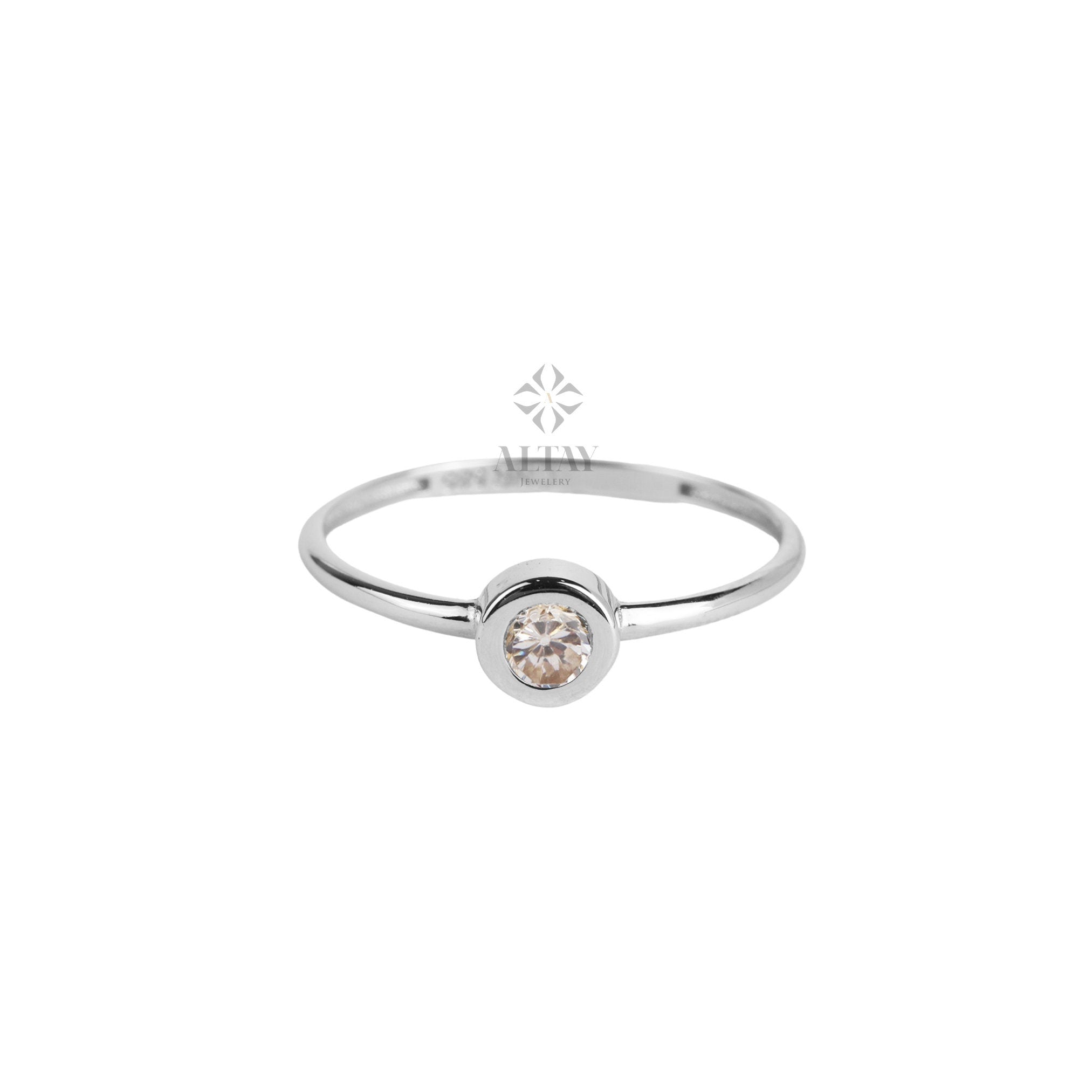 14K Solitaire Ring, CZ Diamond Bezel Ring, Stackable Band Ring, Dainty Promise Ring, CZ Diamond Engagement Band Ring, Round Bezel Set Ring