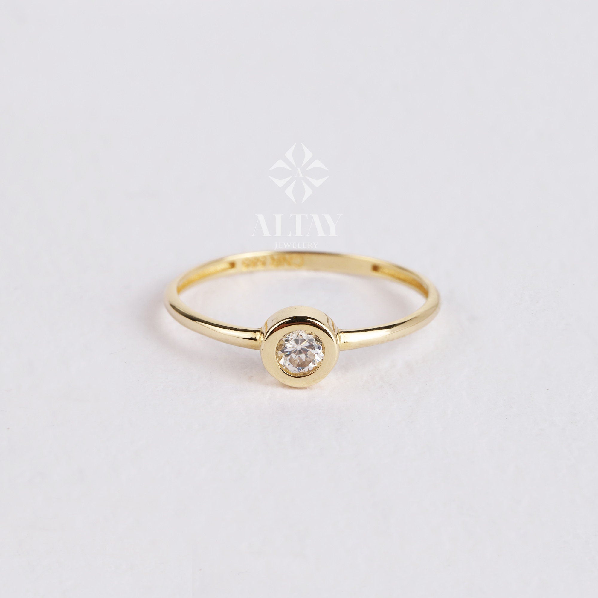 14K Solitaire Ring, CZ Diamond Bezel Ring, Stackable Band Ring, Dainty Promise Ring, CZ Diamond Engagement Band Ring, Round Bezel Set Ring