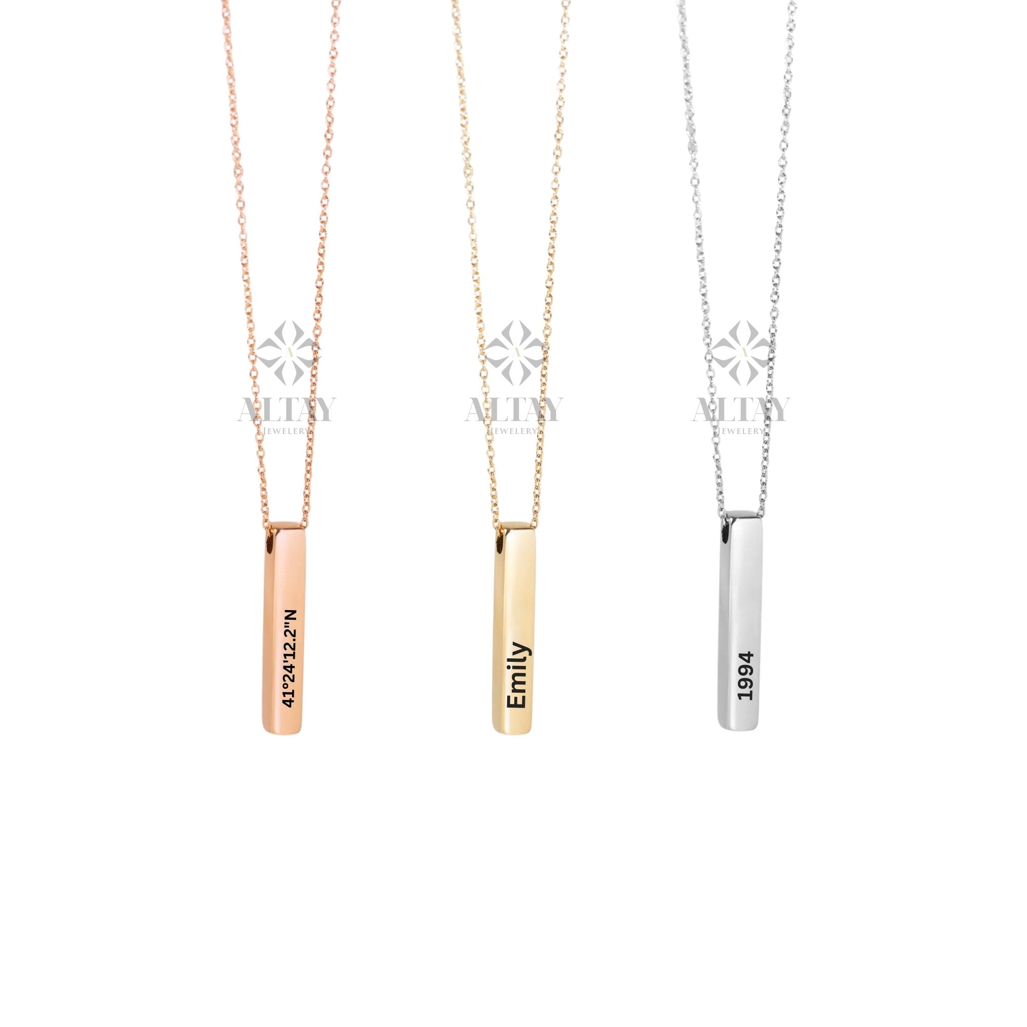 14K Gold 3D Vertical Bar Necklace, Engraved Custom Name Necklace, Gift For Family, Personalized Engrave 4 Side Necklace, Custom Name Jewelry