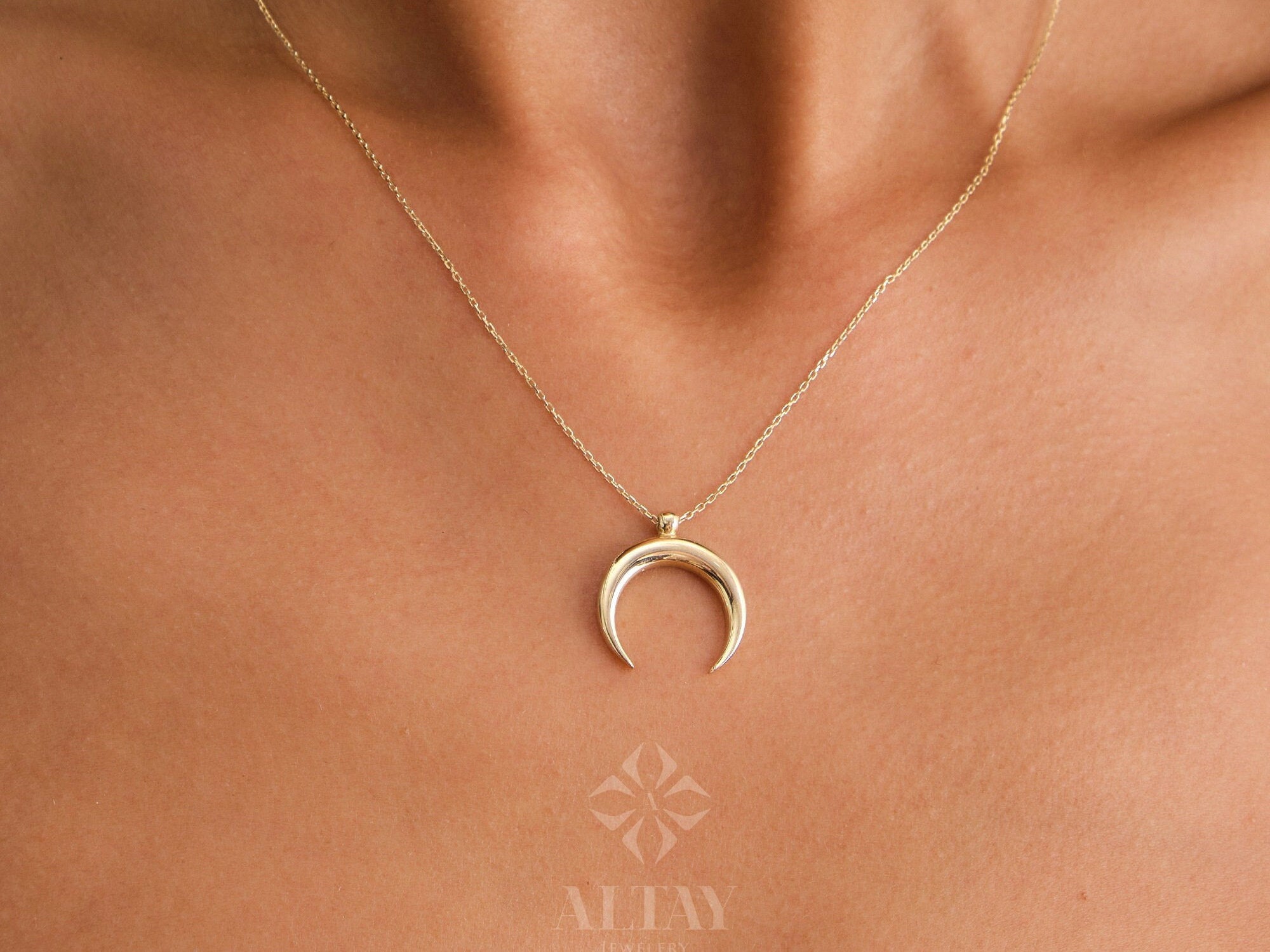 14K Solid Gold Crescent Moon Necklace, Half Moon, Double Horn, Tusk Pendant, Romantic Gift For Her, Woman Charm, Minimal Fashion, Jewelery