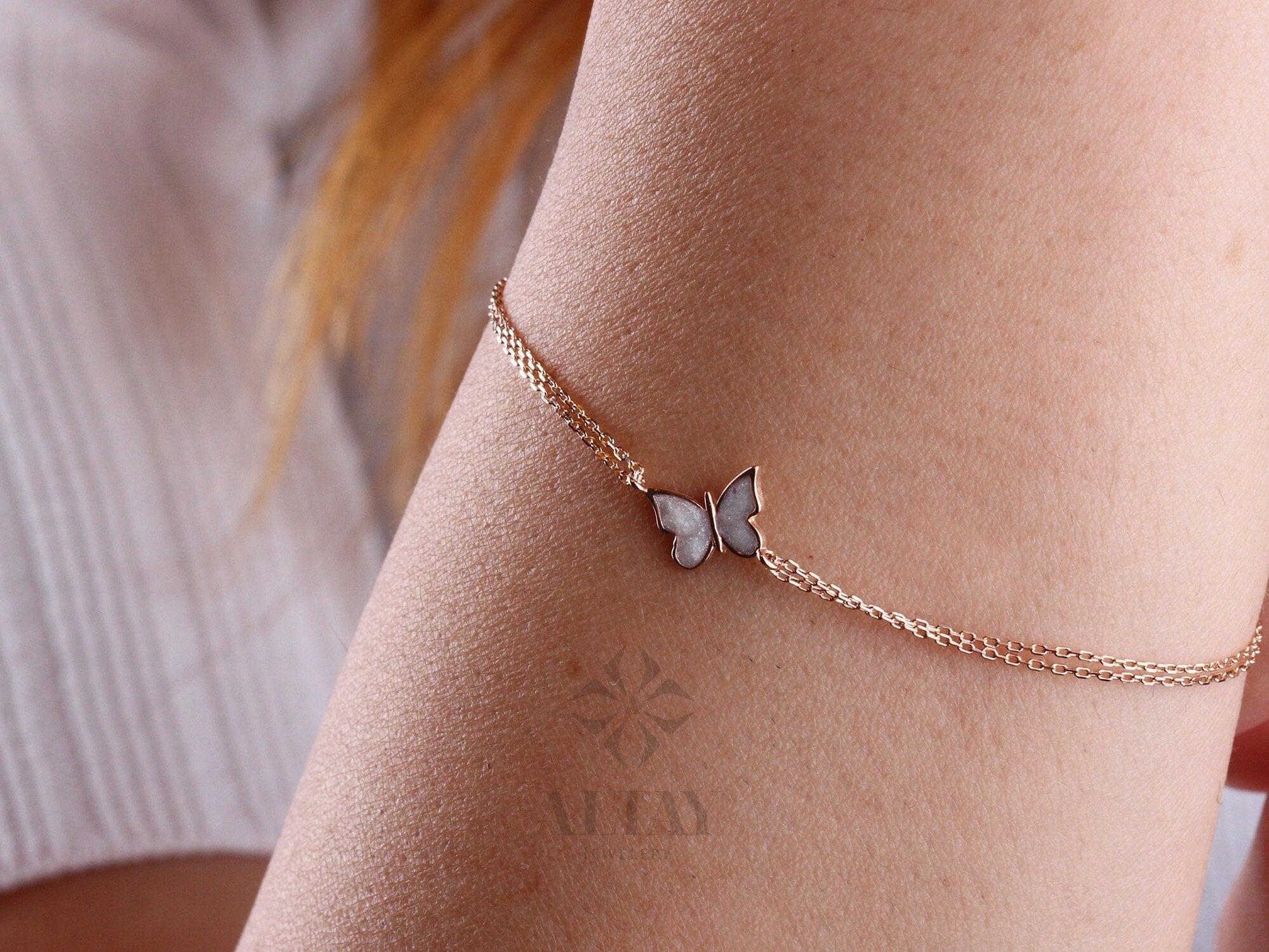 14K Gold White Enamel Butterfly Bracelet, Dainty Gold Butterfly Bracelet, Minimalist Jewelry, Stacking Bracelet, Gift for Her