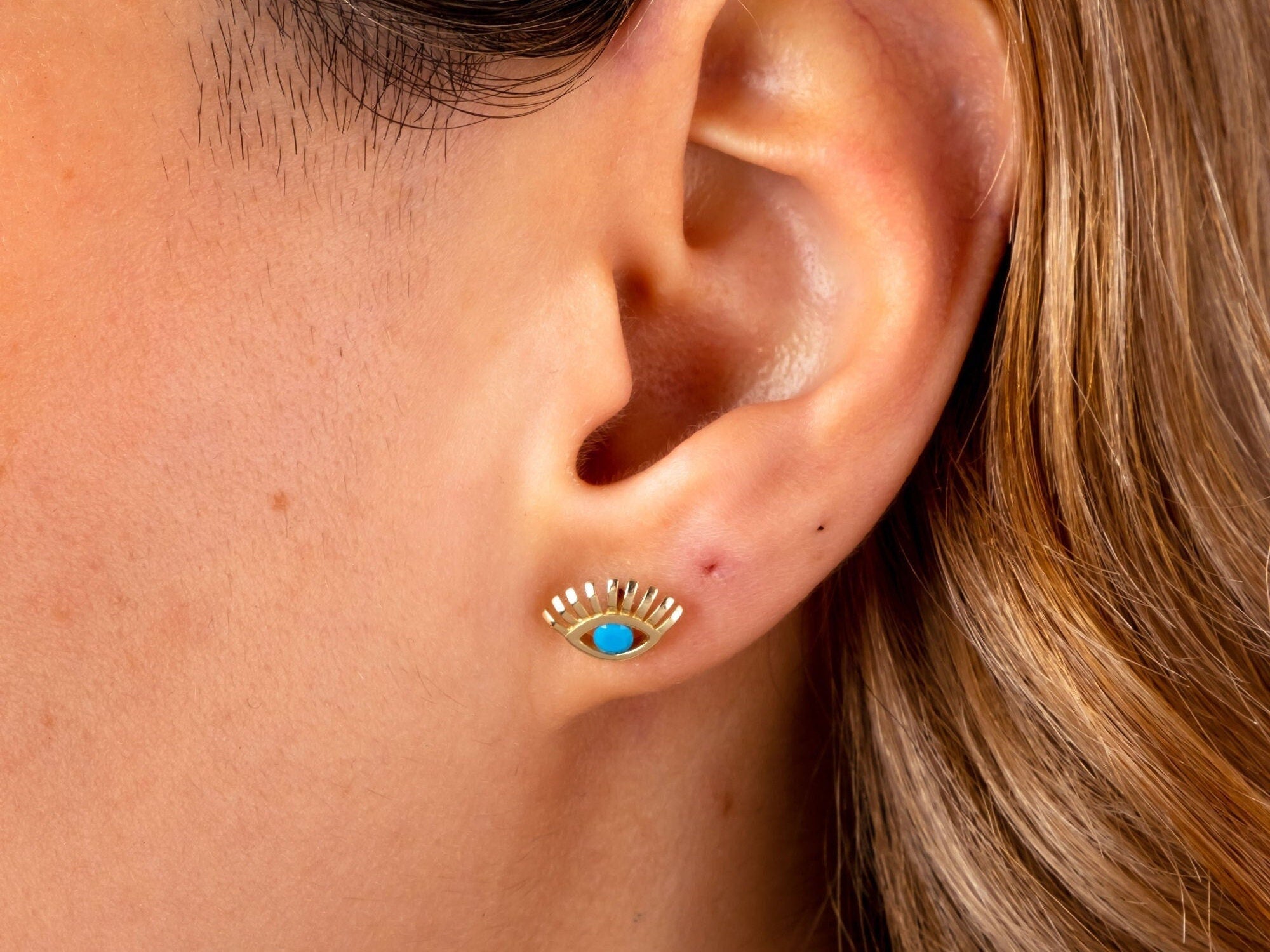14K Gold Evil Eye Stud Earrings, Tiny Eye Lashes Stud, Minimalist Dainty Earrings, Sparkling Stud Earrings, Lucky Eye Turquoise Studs