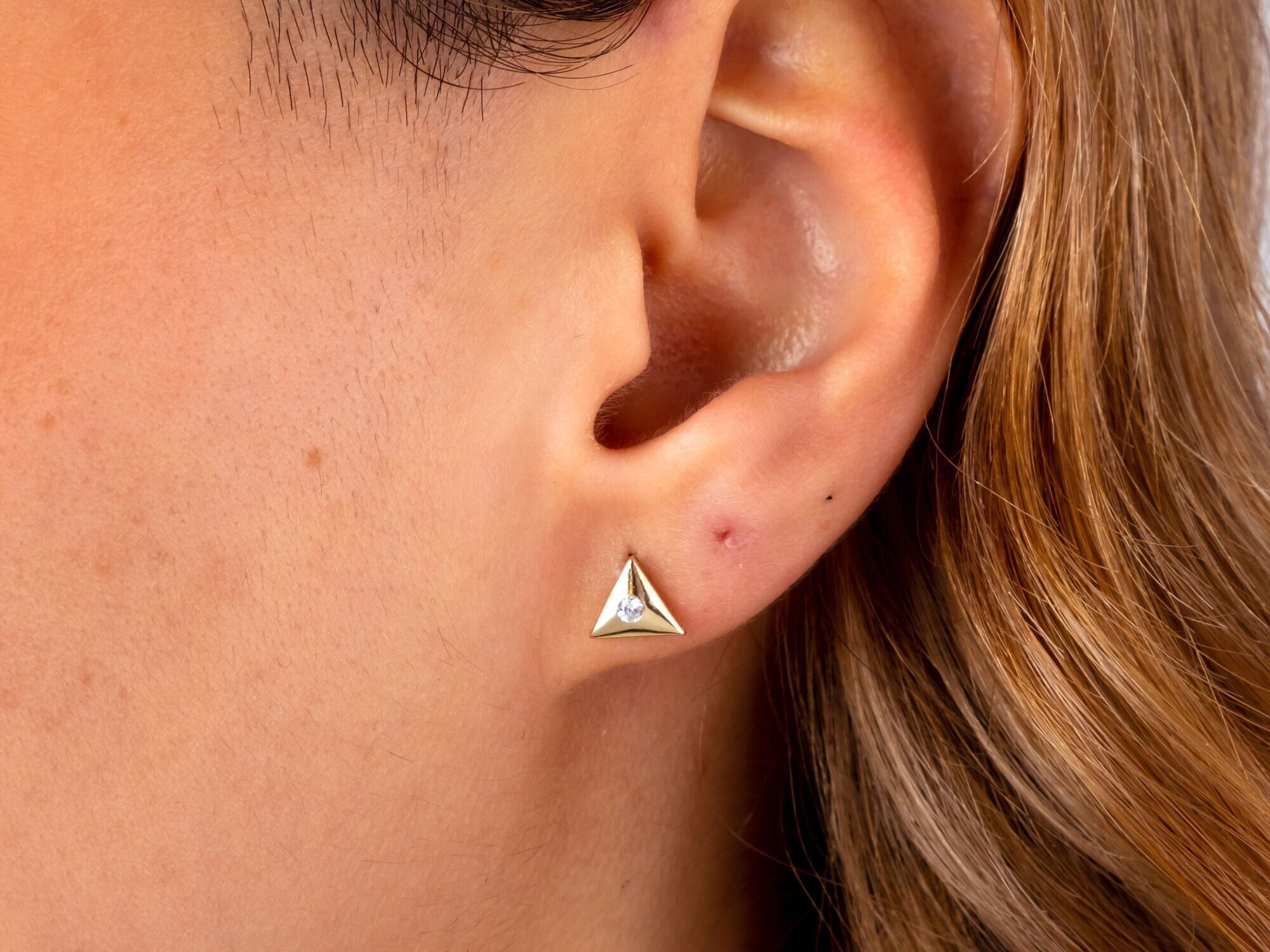 14K Gold Triangle Stud Earrings Cz Diamond Earrings, Minimalist Dainty