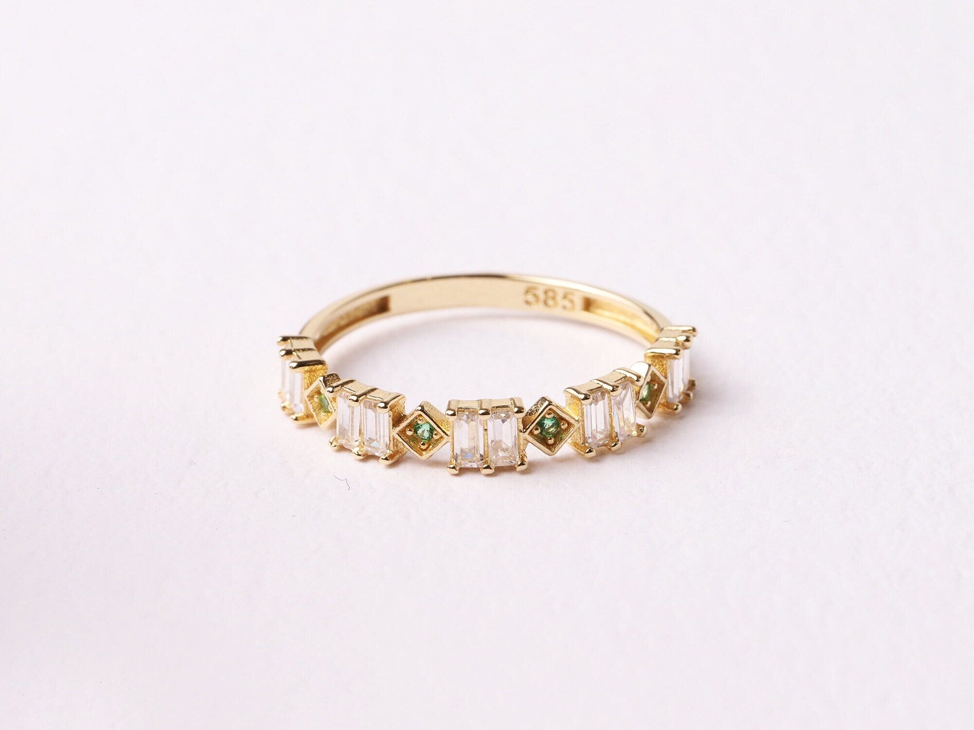 14K Gold Baguette Cz Diamond Ring, Emerald Eternity Ring, Cz Diamond Eternity Band, Wedding Ring, Stackable Baguette Green Gemstone Ring