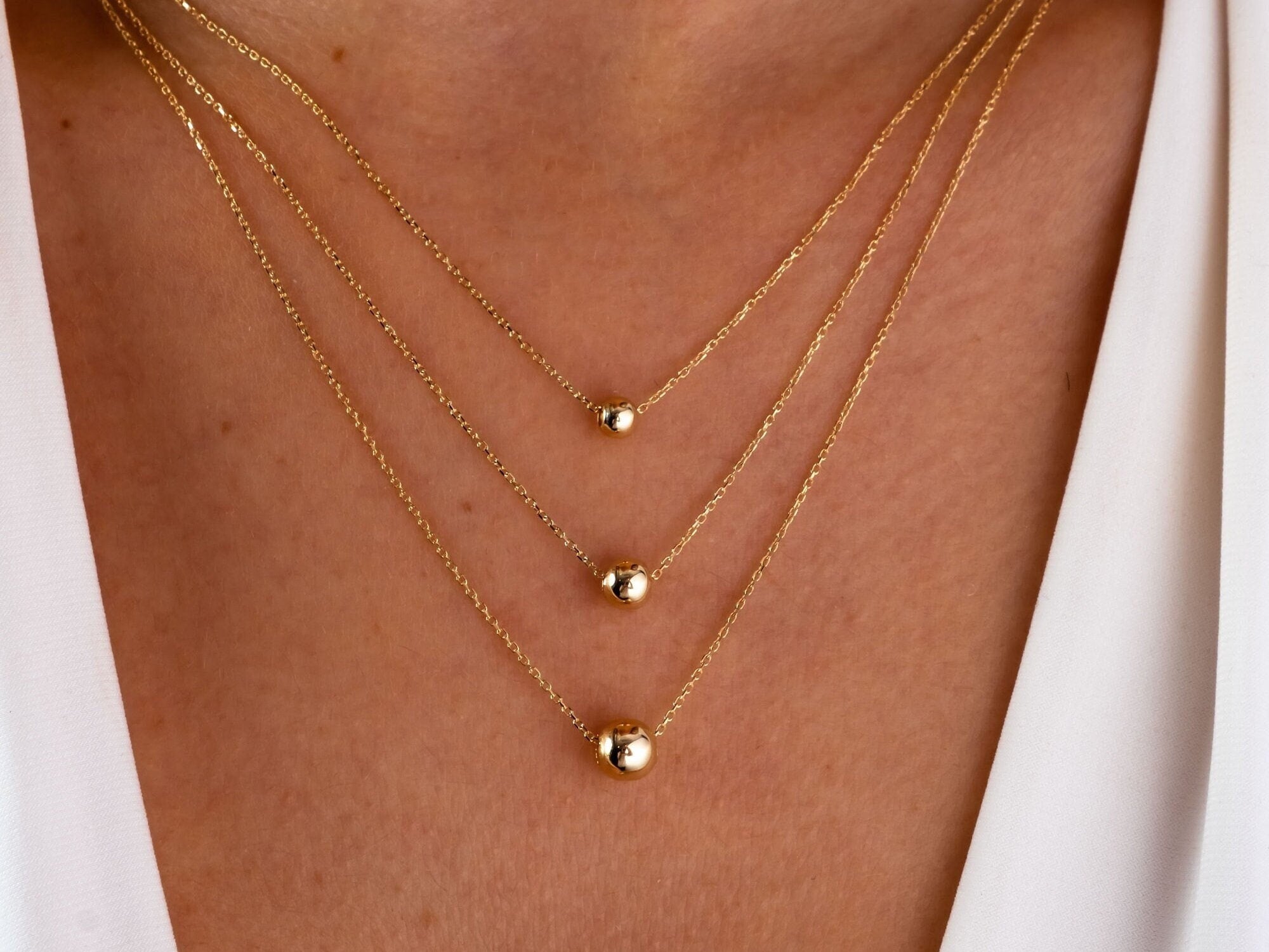 14K Gold Ball Necklace, 3 4 5 mm Gold Ball Necklace, Gold Sphere Necklace, Round Bead Floating Necklace, Dainty Gold Tiny Bead Choker