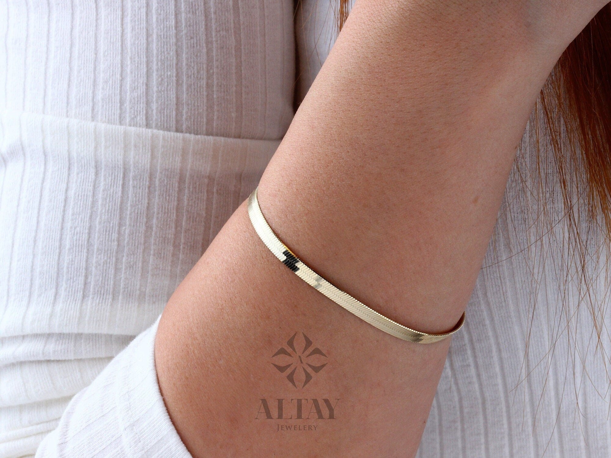 14K Gold Herringbone Bracelet, Custom Gold Herringbone Chain, Flat Gold Chain Bracelet, Simple Gold Chain Bracelet, Herringbone Anklet Gift