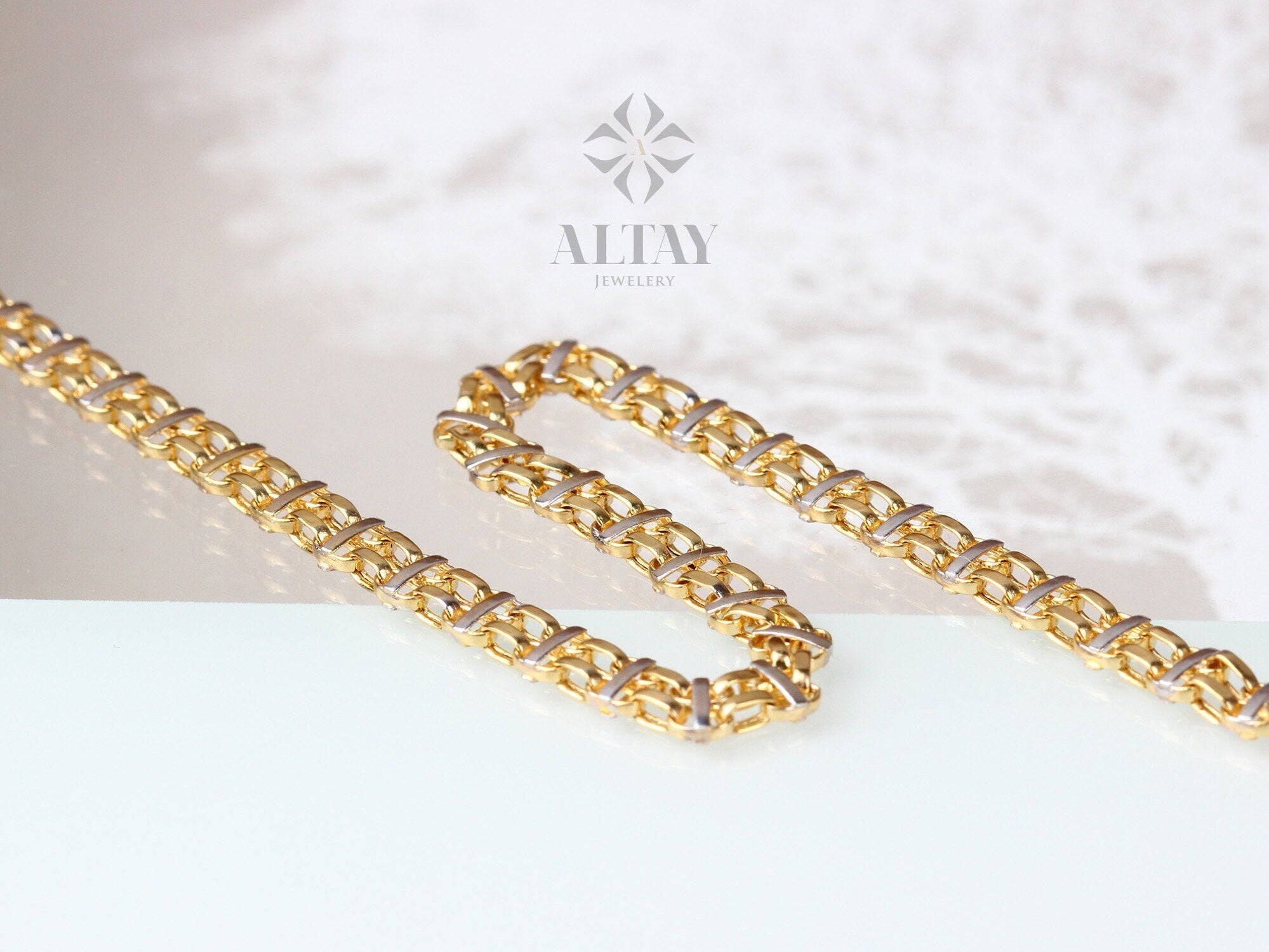 14K Gold Bismark Bracelet, 5 mm Curb Wrist Chain, Gold Herringbone Stack Link, Braided Bismarck Christmas Valentine's Day Gift For Her