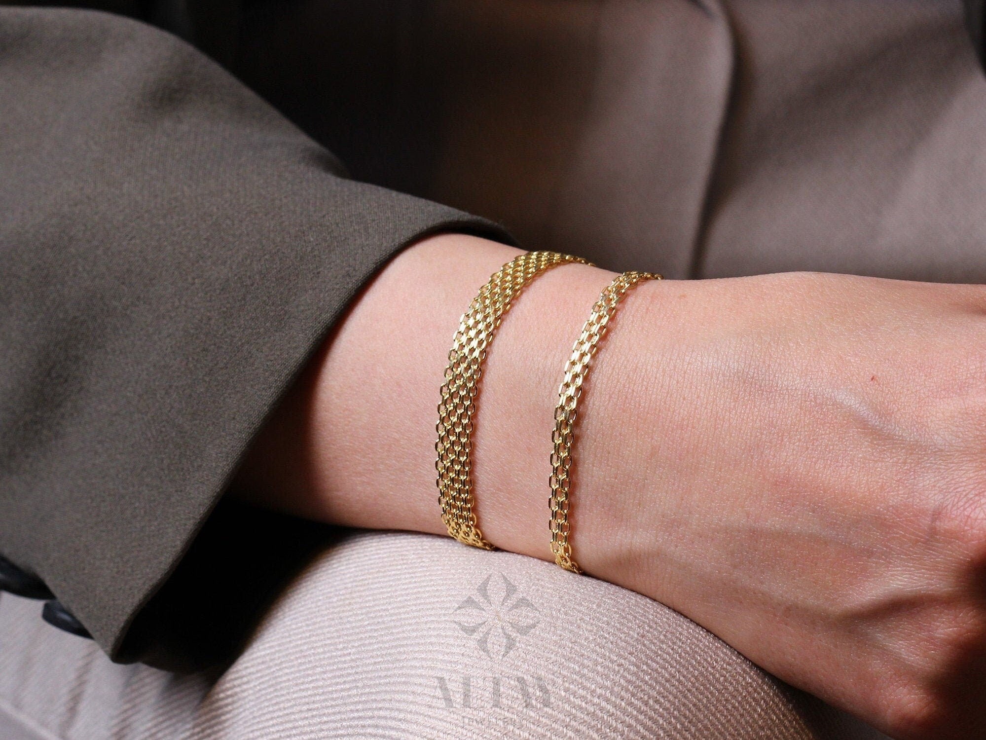 14K Gold Bismark Bracelet, 4.4 mm Curb Wrist Chain, Gold Herringbone Stack Link, Braided Bismarck Christmas Valentine's Day Gift For Her