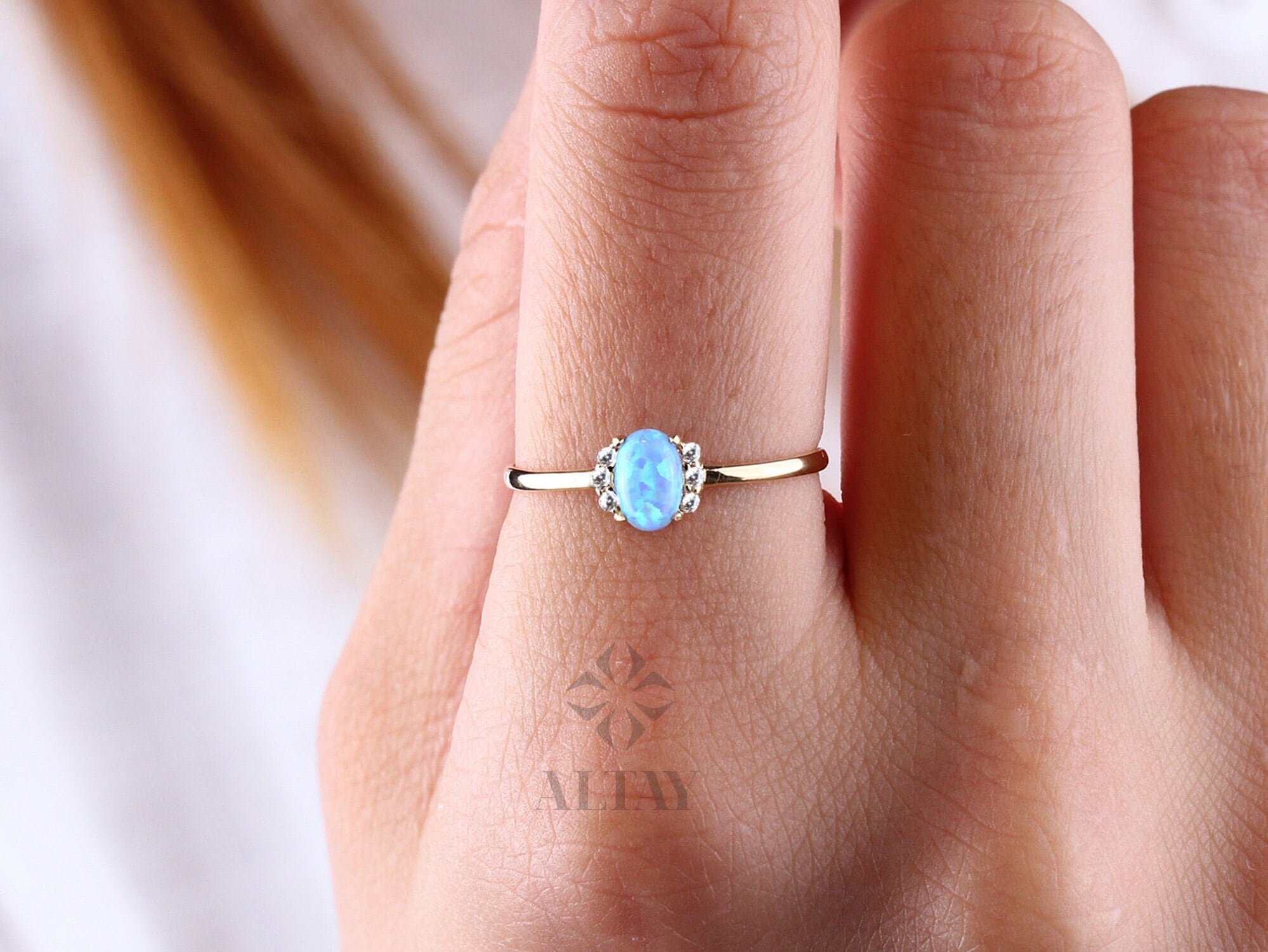 14K Gold Blue Opal Ring, Opal Engagement Ring, Oval Opal Band Ring, Dainty Blue Gemstone Ring, Solitaire Gold Ring, Stacking Promise Ring