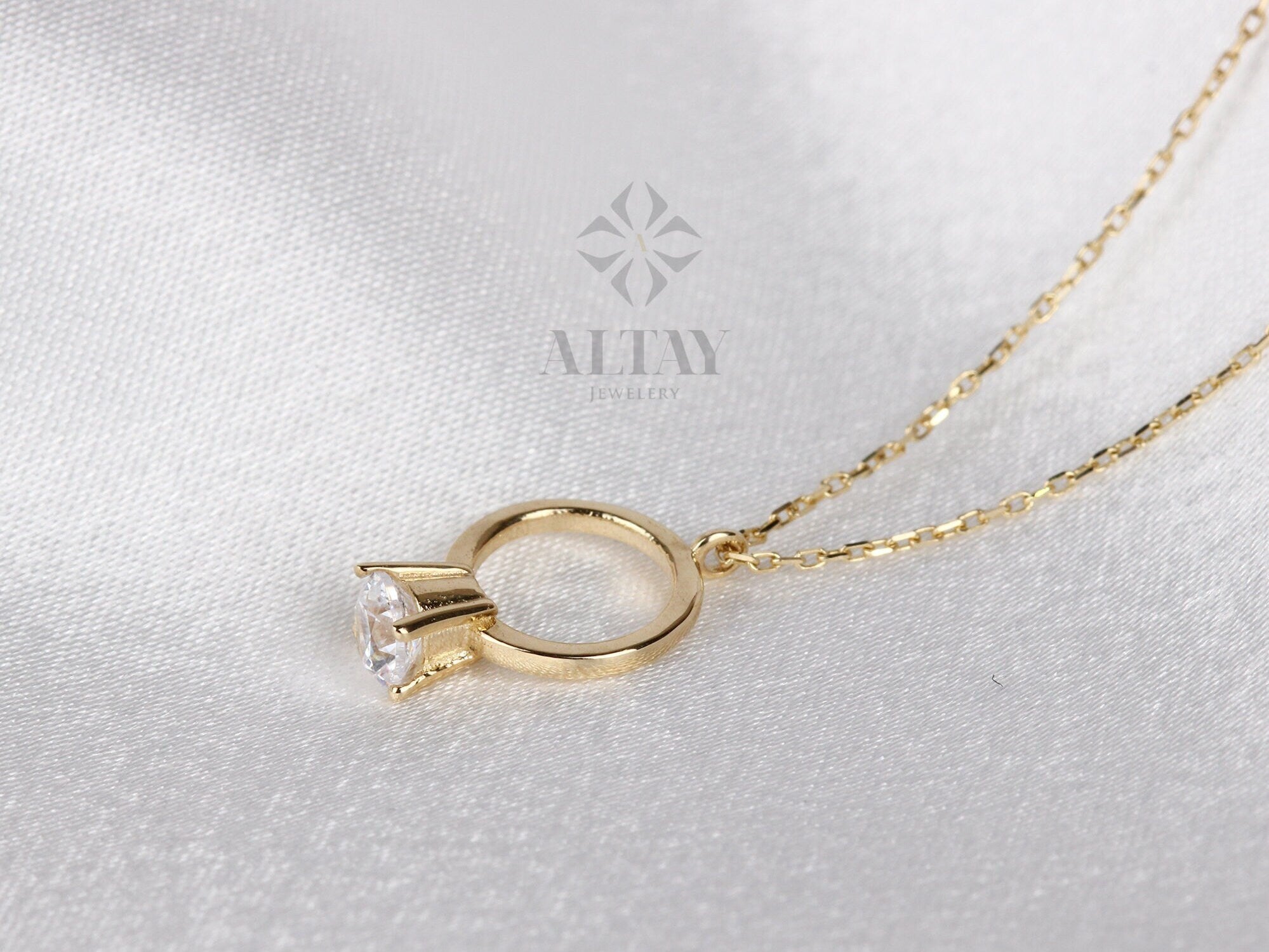 14K Gold Solitaire Ring Necklace, Dainty Gold Circle, Karma Necklace, Eternity, Simple Open Circle, Christmas Gift, Gift for Her