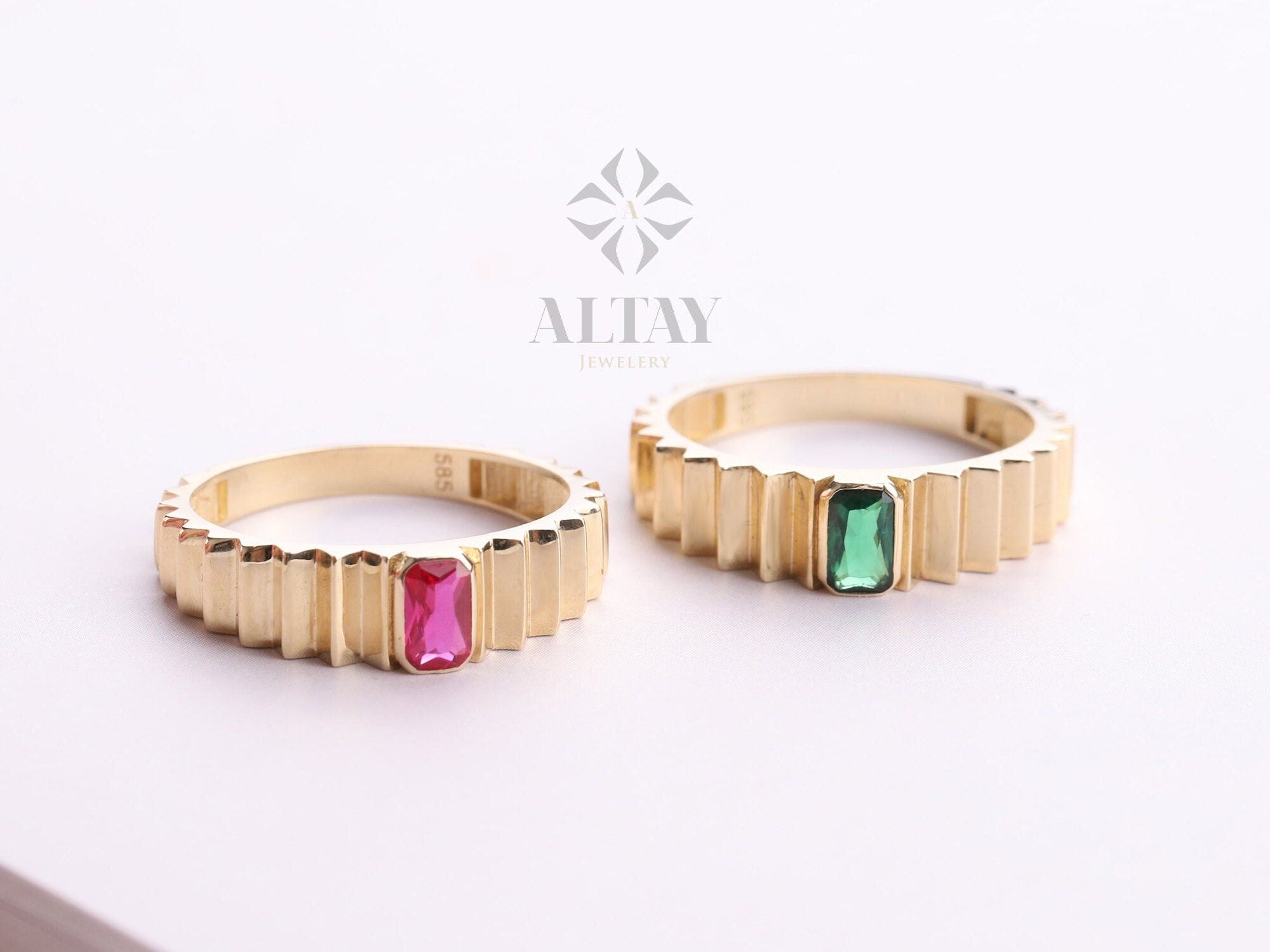 14K Gold Birthstone Ring, Emerald Gemstone Vintage Gold Stackable Ring, Dainty Gold Elegant Ring, Art Deco Wedding Band, Half Eternity