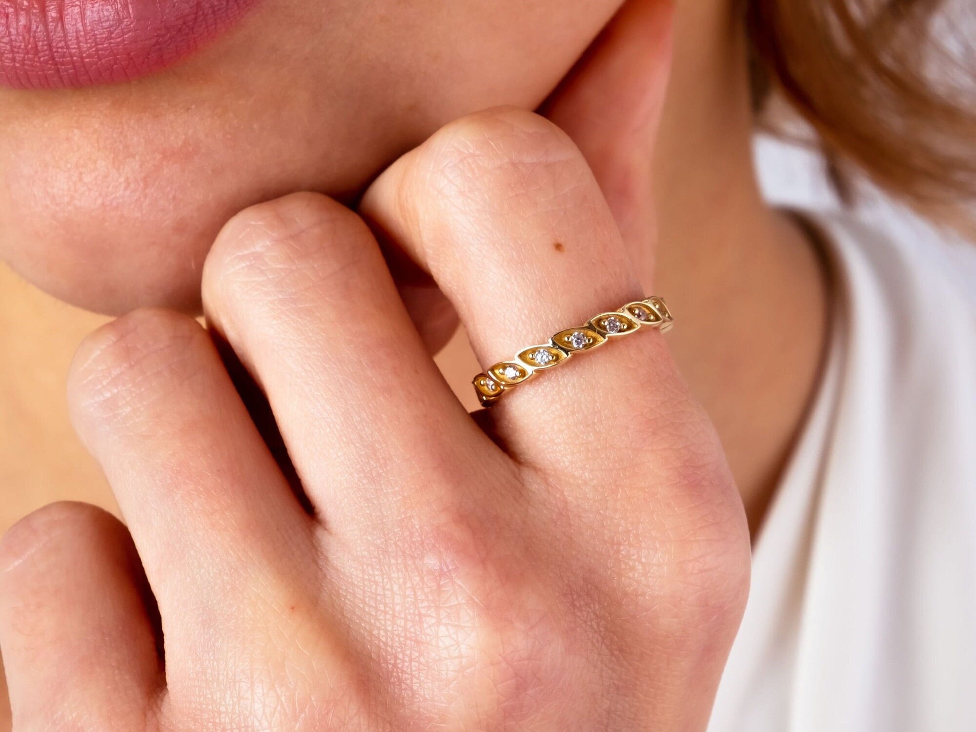 14K Gold Vine Ring, Art Deco Wedding Band Ring, Leaf Band Ring, Nature Inspired Ring, Marquise Wedding Band, Cz Half Eternity Ring