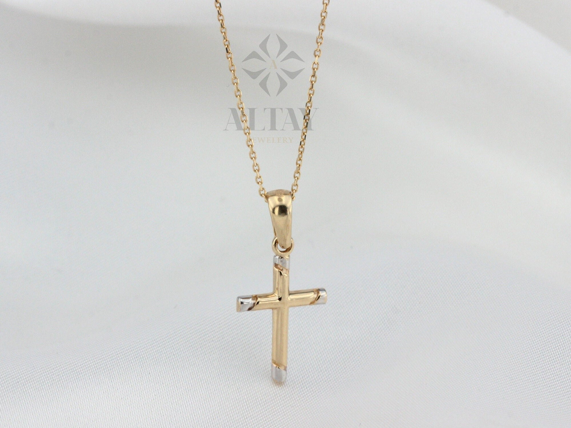 14K Gold Cross Necklace, Crucifix Pendant Chain, Jesus Christ Religious Jewelry, Christening, Dainty Cross Charm, Christian Two-Tone Pendant
