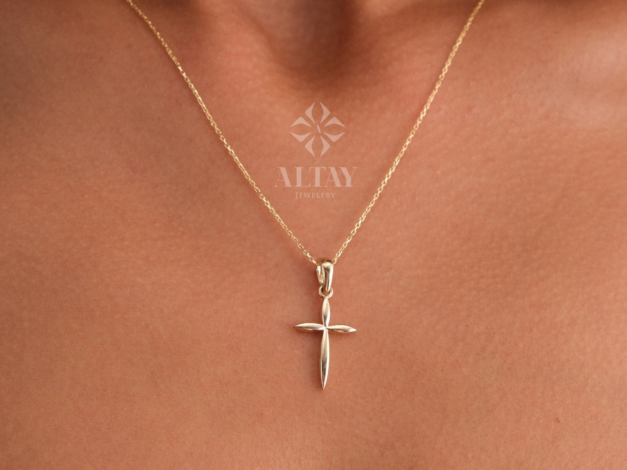 14K Gold Cross Necklace, Crucifix Pendant Chain, Jesus Christ Religious Jewelry, Christening, Dainty Cross Charm, Christian Charm Gift