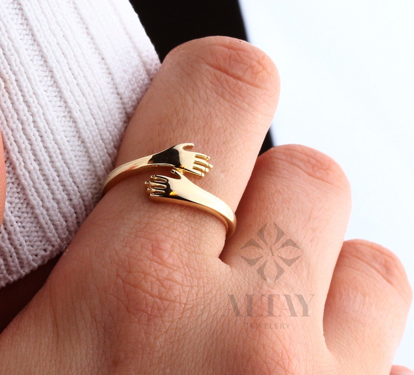 14K Gold Hug Ring, Unique Love Hugging Hands Ring, Hug Gold Ring, Dainty Hand Ring, Simple Handmade Ring, Two Hand Gold Ring