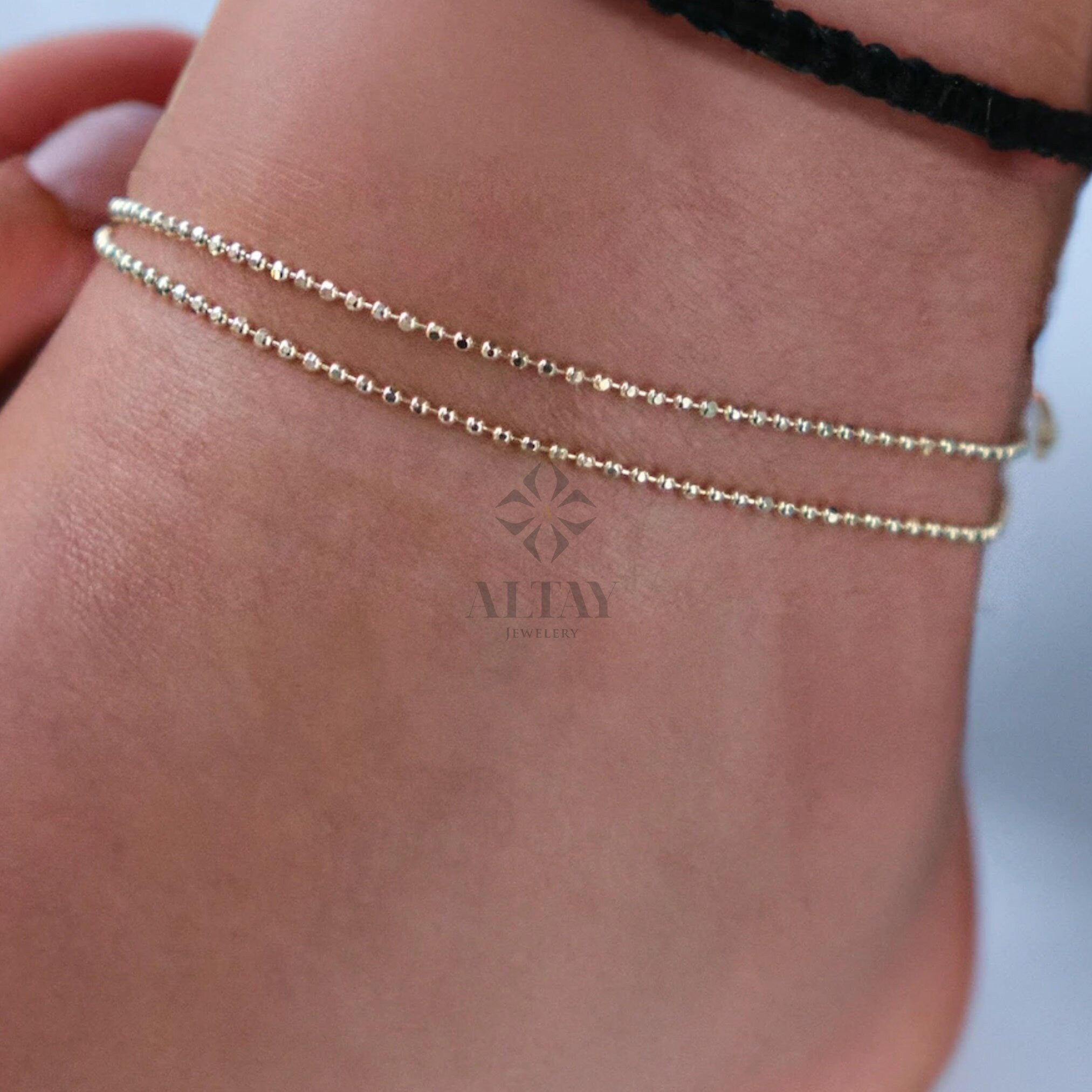 14K Gold Beaded Chain Anklet, Italian Ball Bead Anklet, 1.5MM Layering Link Anklet Bracelet, Delicate Dainty Gold Beads, Gift For Her Him