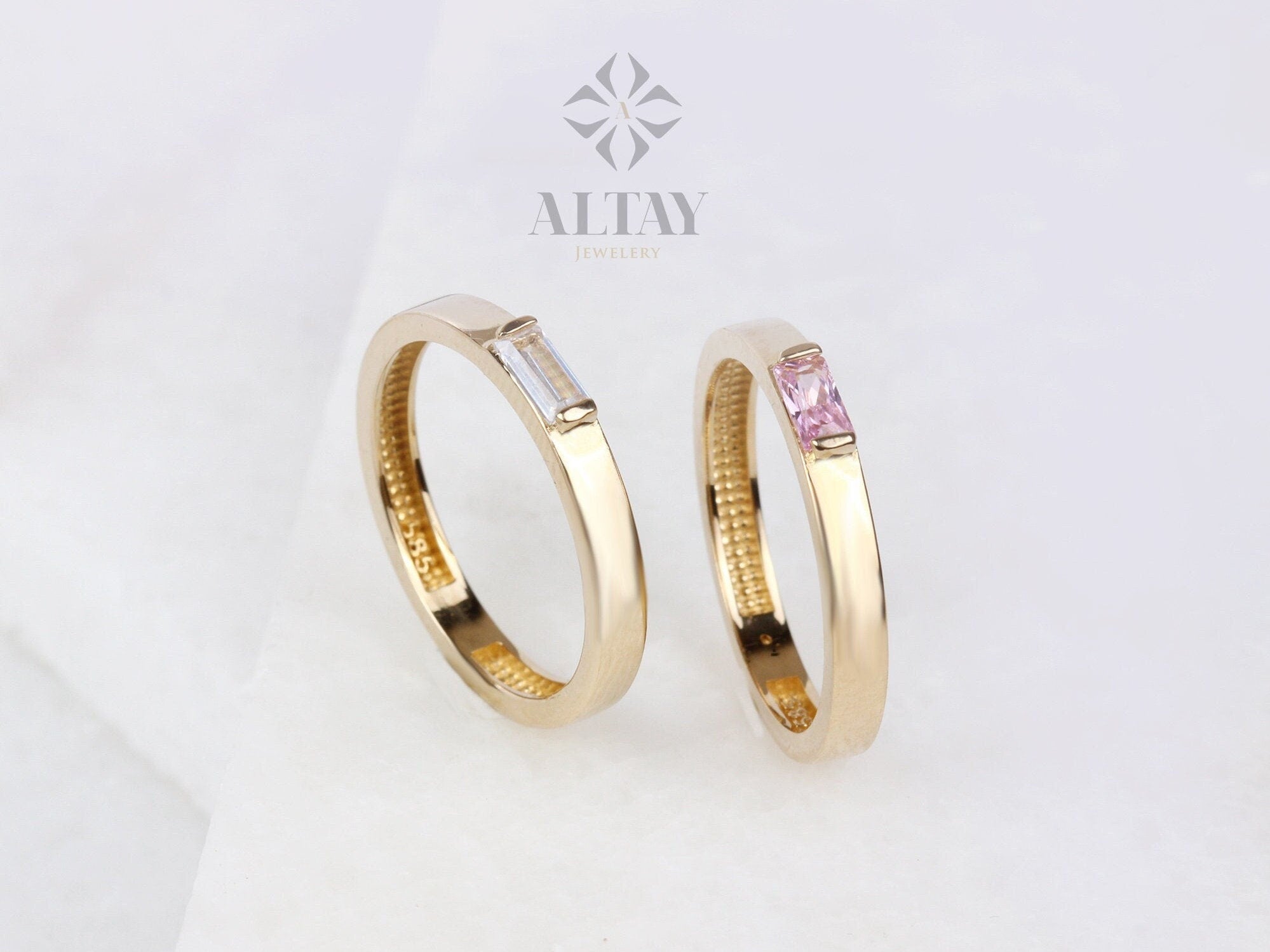 14K Gold Birthstone Ring, Baguette Gemstone Band, Gold Stacking Ring, Dainty Wedding Ring, Christmas Tiny Stackable Ring, Gift For Her
