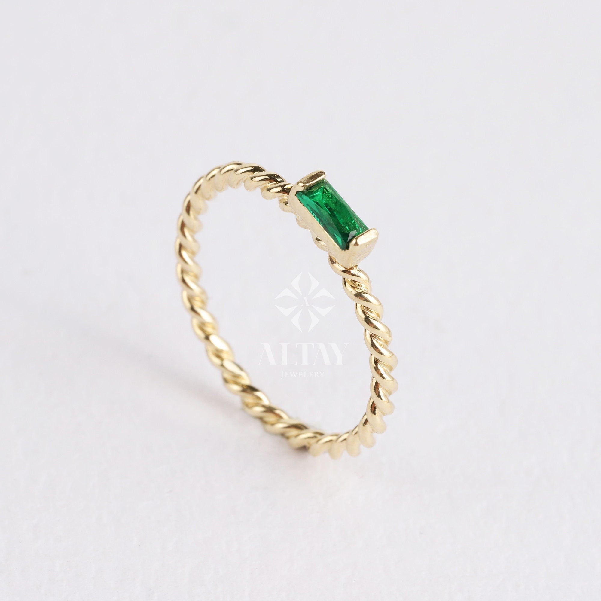 14K Gold Baguette Birthstone Ring, Custom Stackable Gemstone Ring, Braided Twist Rope Band Ring, Family Birthstone Ring, Personalized Gift