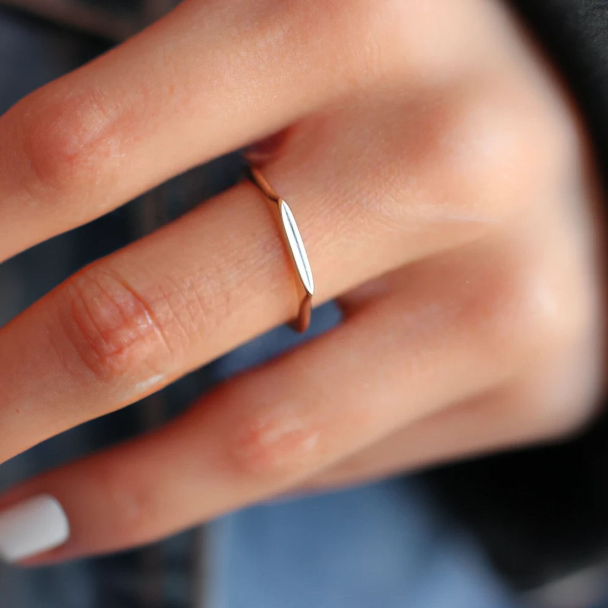 14K Solid Gold Rectangle Bar Ring, Plain Stacking Ring, Thin Gold, Stackable Knuckle Dainty Ring, Flat Bar Band Ring, Geometric Jewelry,