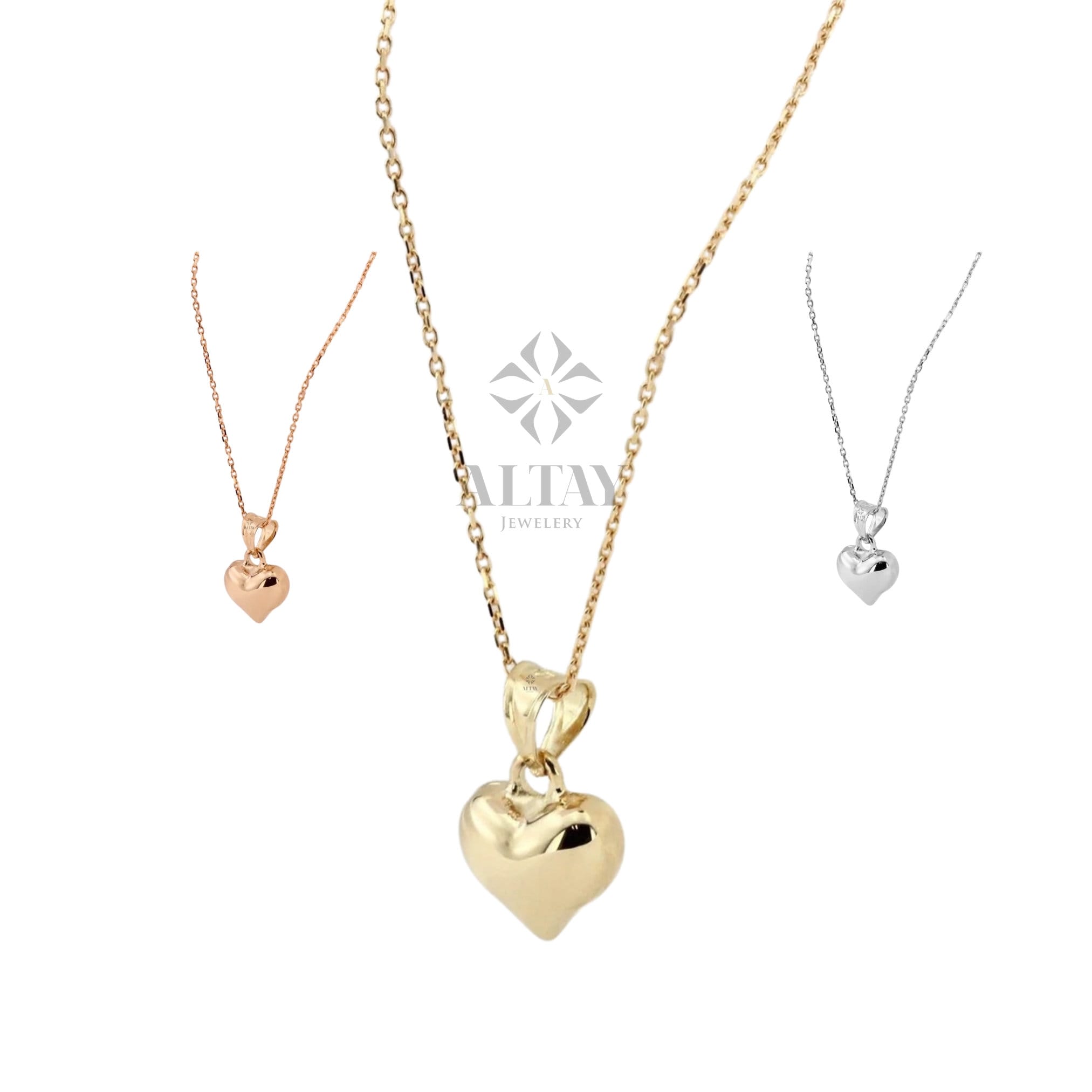 14K Gold Heart Necklace, Small Heart Necklace, Mini 3D Heart Pendant, Puffy Heart Real Gold Charm, Love Pendant Choker, Gift for Her