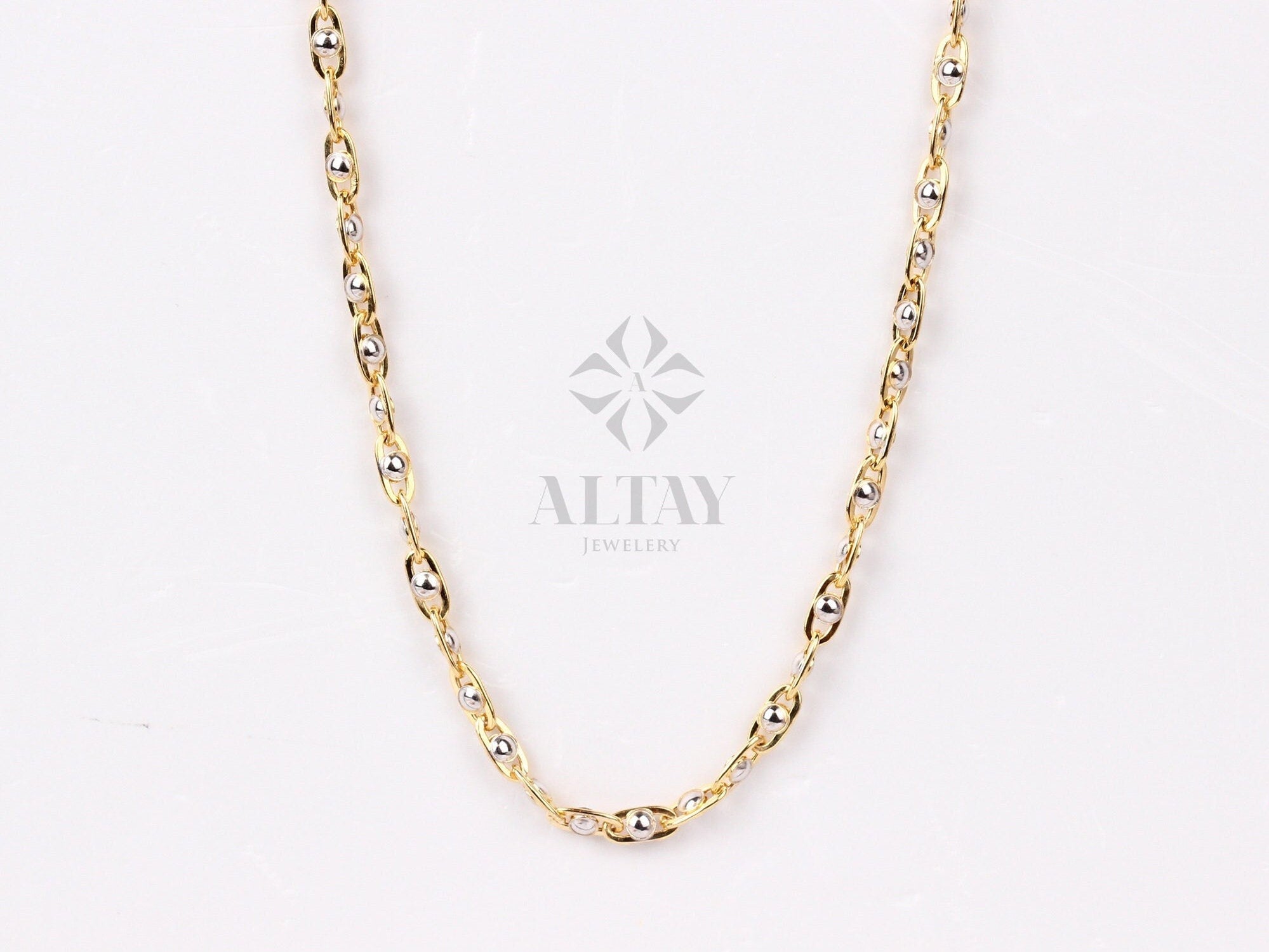 14K Gold Two Tone Beaded Chain Necklace, Oval Bead Chain Choker, Rectangle Long Paperclip Chain, Christening, Chunky Link, Gift For Her