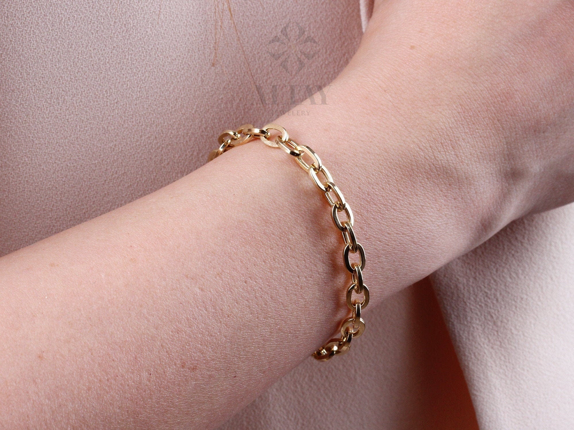 14K Gold Paperclip Rolo Chain Bracelet, Oval Rectangle Paper Clip Chain, Gold Thick Flat Oval Link, Woman Man Gold Bracelet, Rolo Gold Link