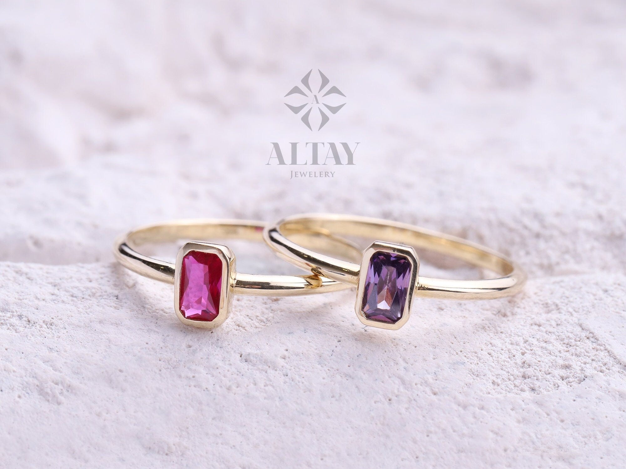 14K Gold Birthstone Ring, Baguette Gemstone, Vintage Gold Stackable Ring, Dainty Gold Elegant Ring, Art Deco Wedding Band, Gift For Her
