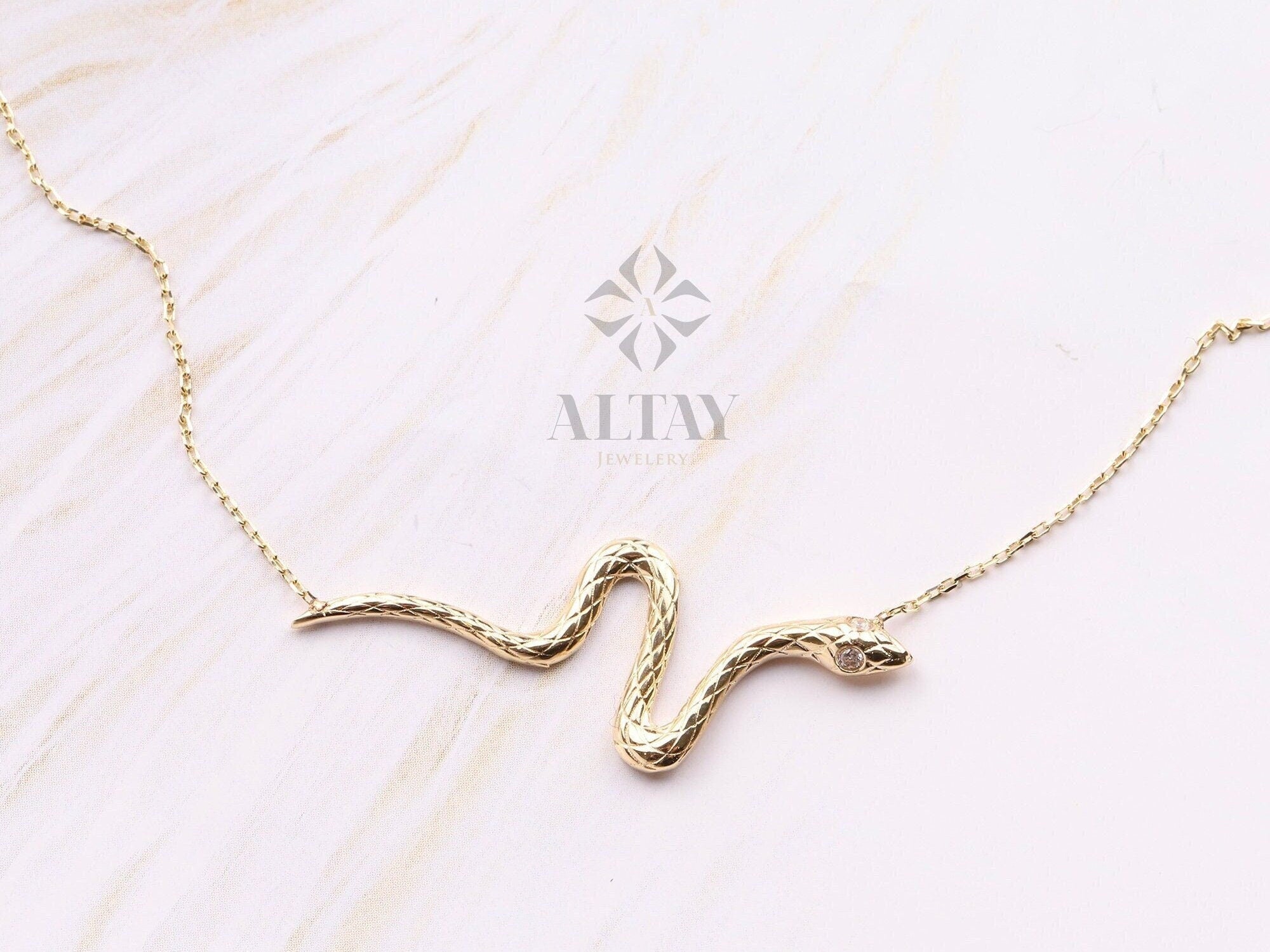 14K Gold Snake Necklace, Gold Snake Pendant, Animal Choker, Serpent Jewelry, Animal Jewelry, Birthday, Gift For Her
