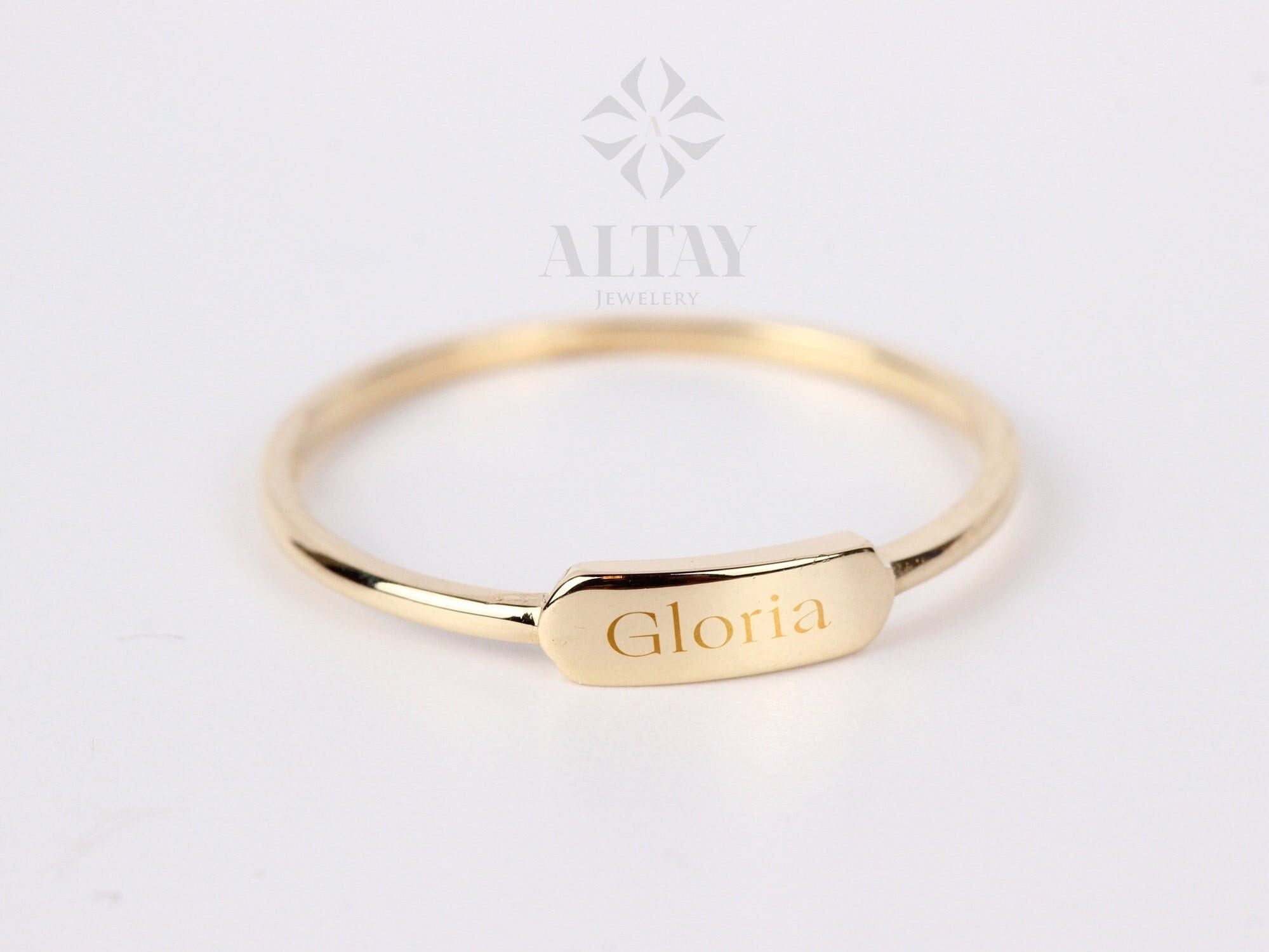 14K Gold Dainty Bar Ring, Personalized Name Ring, Custom Rectangle Ring, Roman Numeral Ring, Pet Memorial Jewelry, Skinny Letter Band