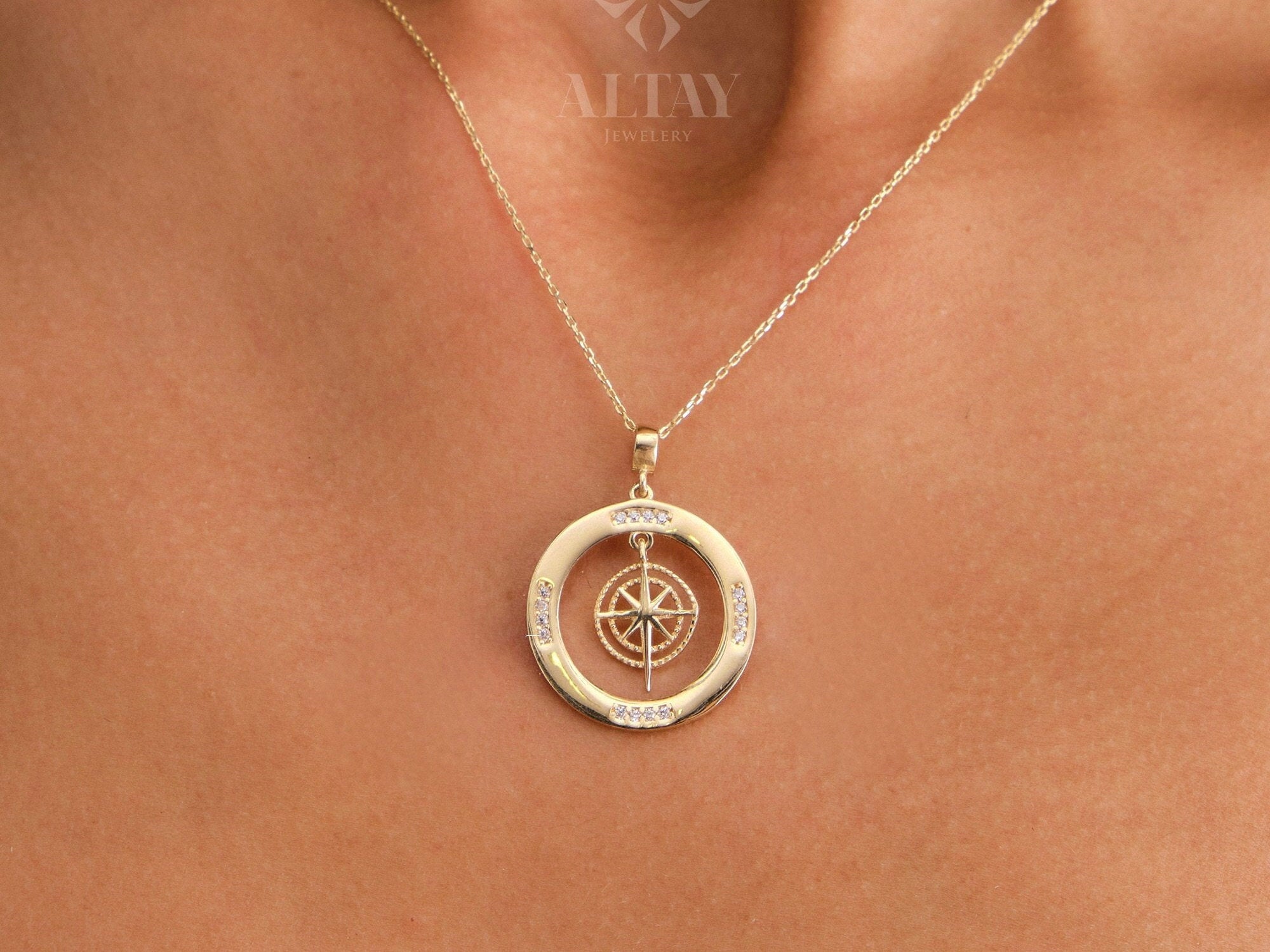 14K Gold Compass Necklace, Polaris Necklace, Travel Necklace, Personalized Compass, Custom North Star Pendant, Celestial Charm Necklace
