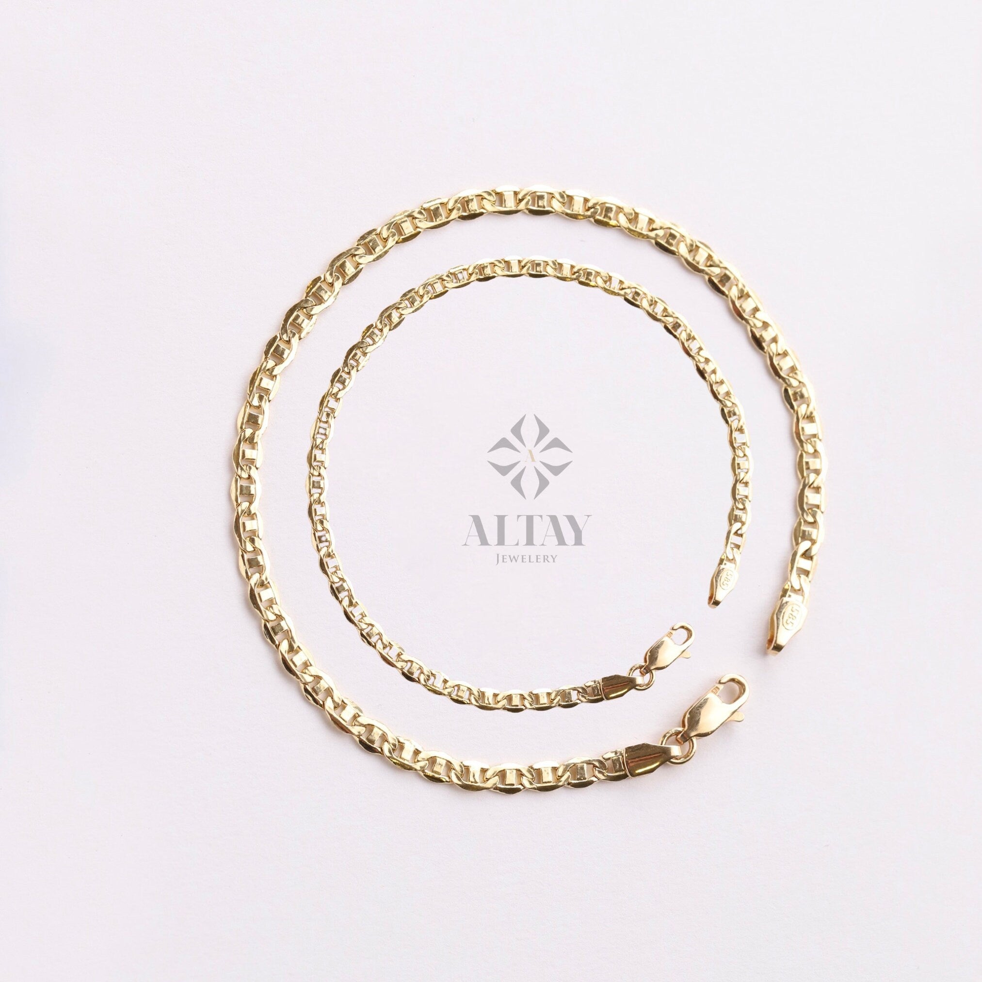14K Gold Anchor Mariner Chain Bracelet, 3mm 4mm Flat Bracelet, Mariner Curb Chain, Bold Mariner Chain, Mariner Anchor Chain, Men Women Chain