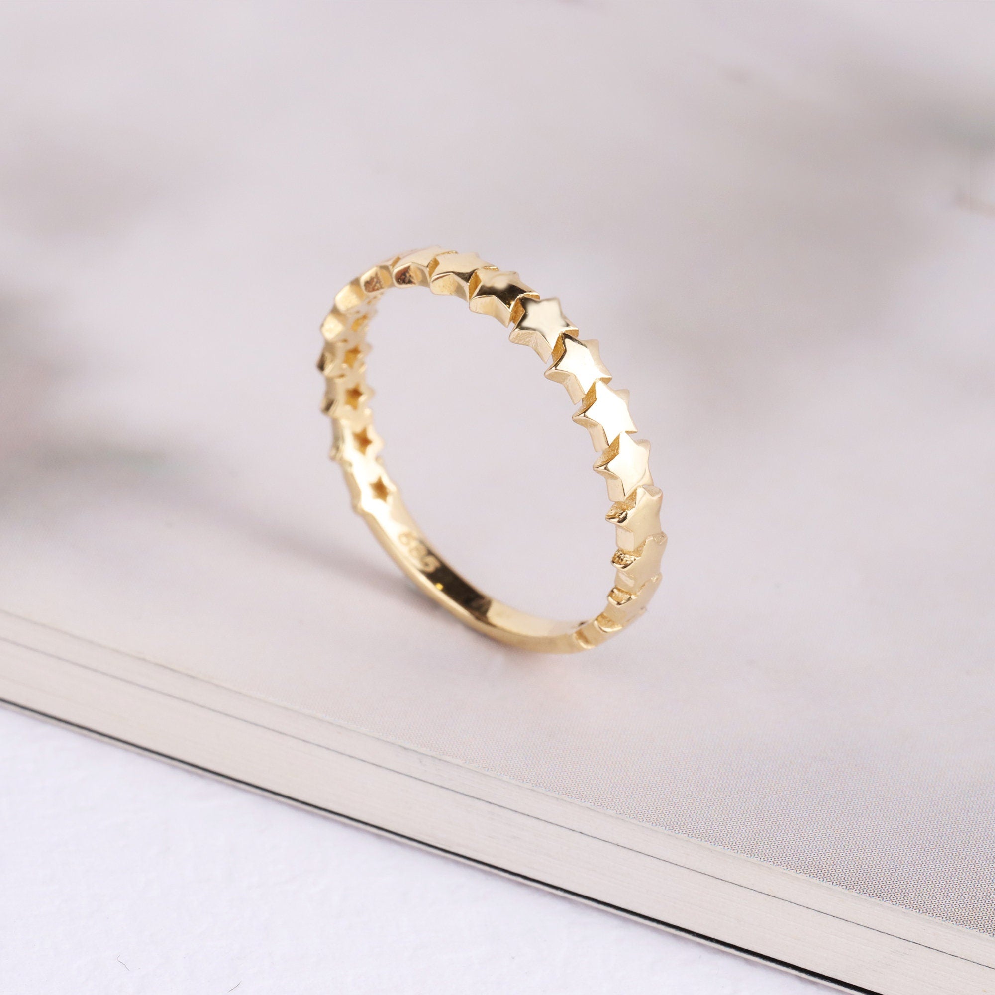 14K Gold Star Ring, Gold Multi Stars Ring, Starburst Minimalist Ring, Tiny Astral Star Band, Stacking Dainty Gold Ring, Gift for Wife