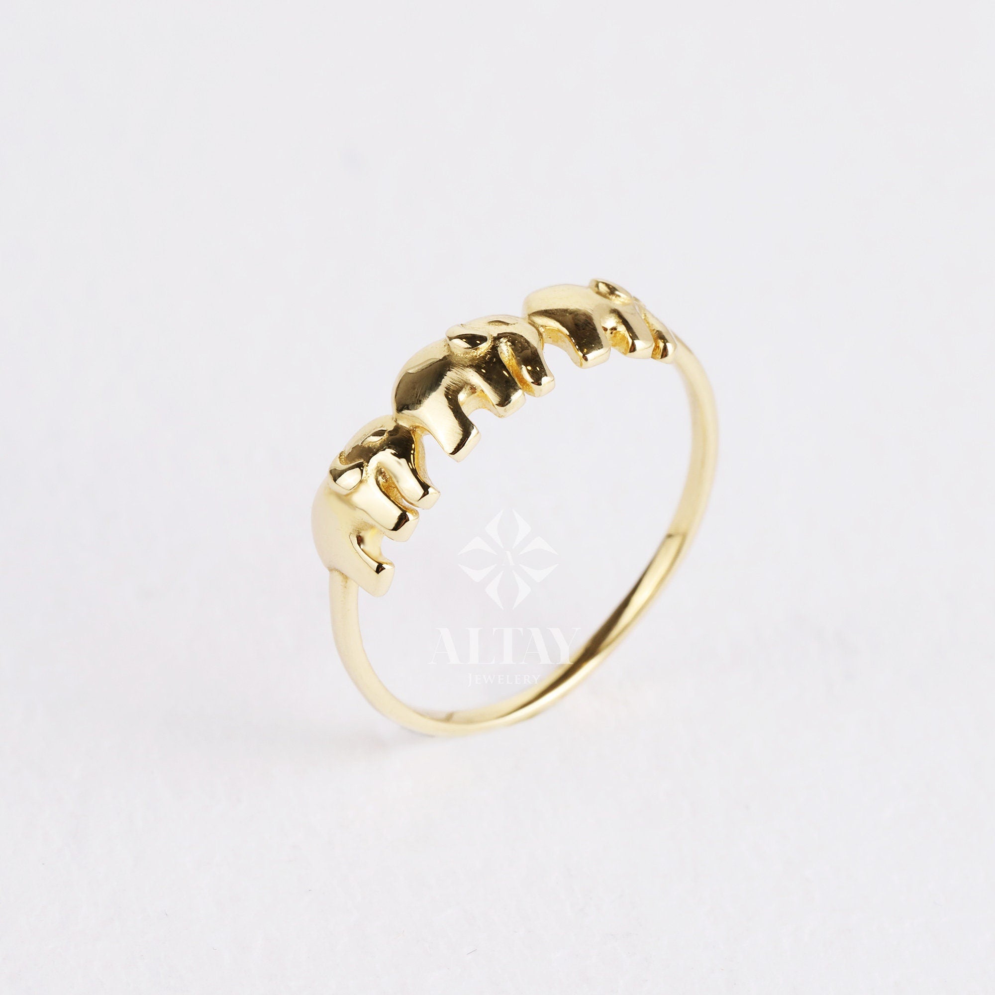 14K Gold Three Elephant Ring, Stacking Elephant Ring, Animal Gold Band Ring, Good Luck Ring, Mother Elephant Ring, Valentines Day Gift