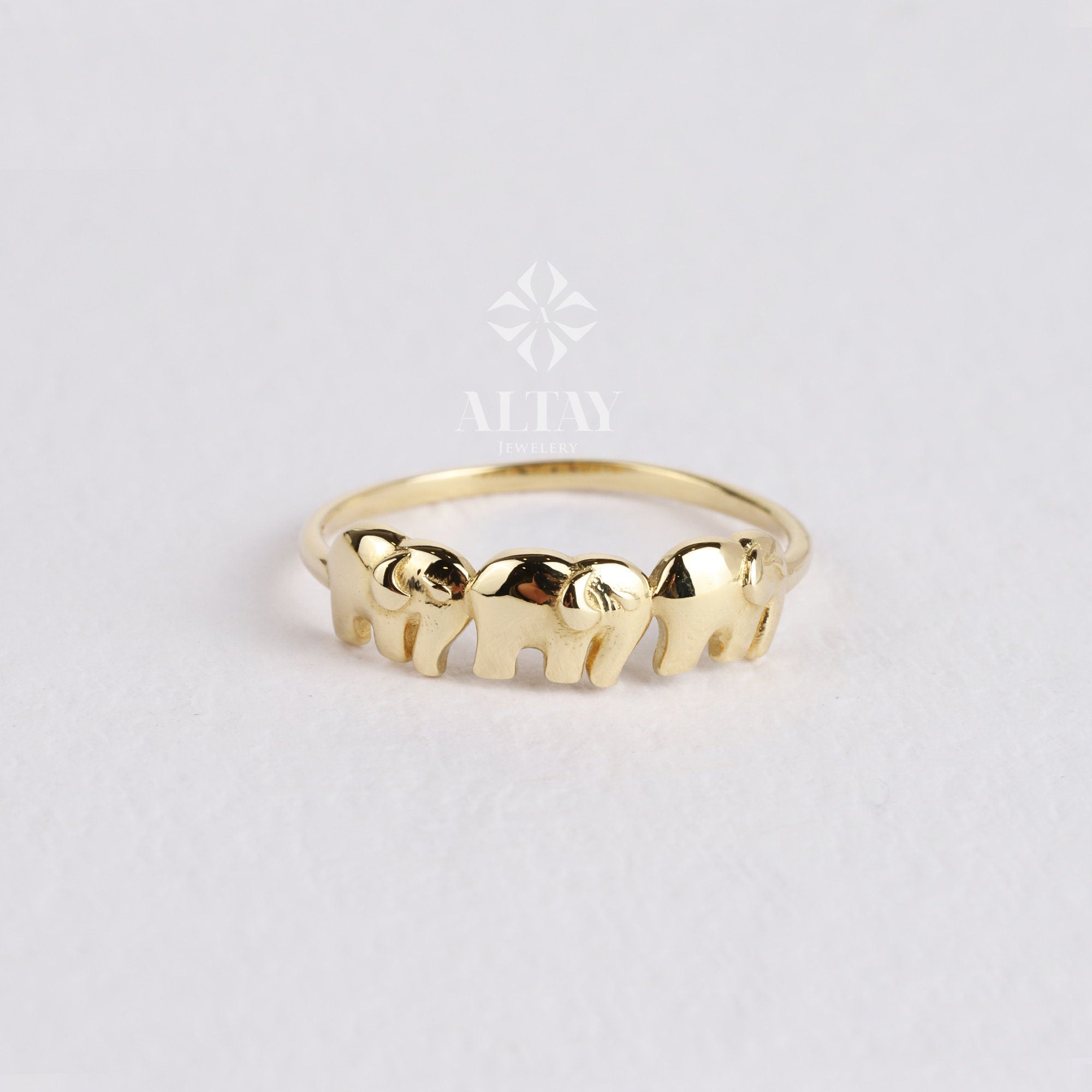 14K Gold Three Elephant Ring, Stacking Elephant Ring, Animal Gold Band Ring, Good Luck Ring, Mother Elephant Ring, Valentines Day Gift