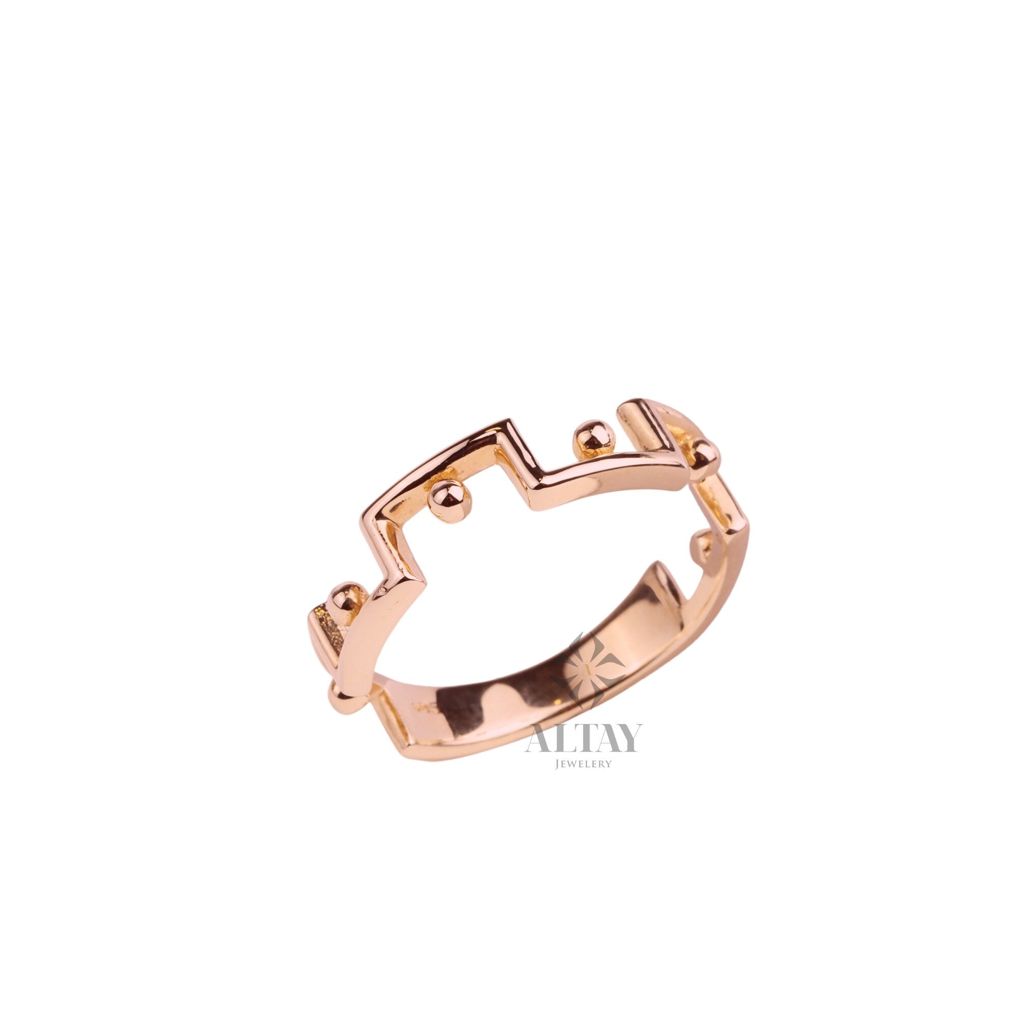 14K Gold Edge Ring, Dainty Geometric Bead Ring, Chunky Edge Gold Ring, Designer Thick Band Statement Ring, Angular Ring Real Gold