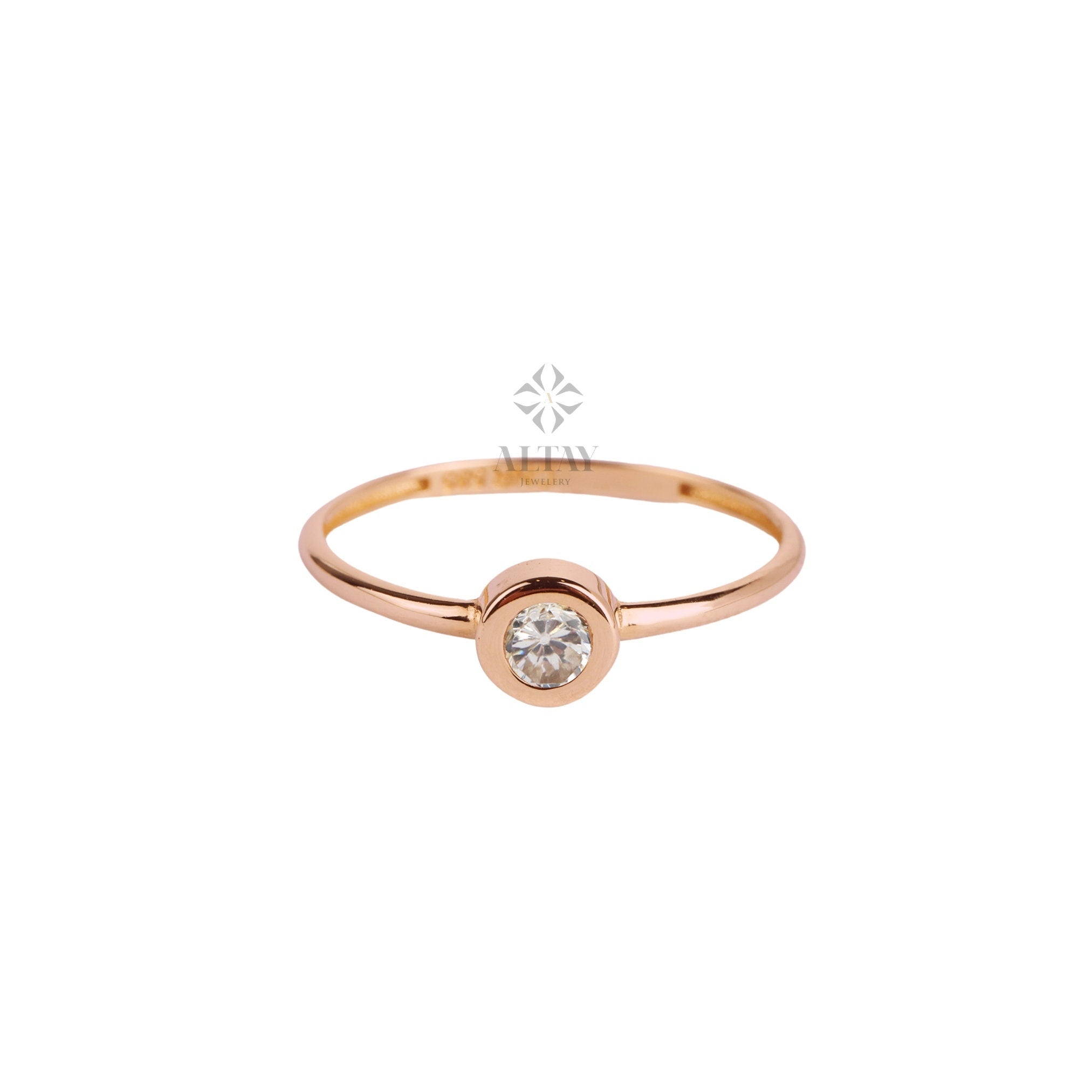 14K Solitaire Ring, CZ Diamond Bezel Ring, Stackable Band Ring, Dainty Promise Ring, CZ Diamond Engagement Band Ring, Round Bezel Set Ring