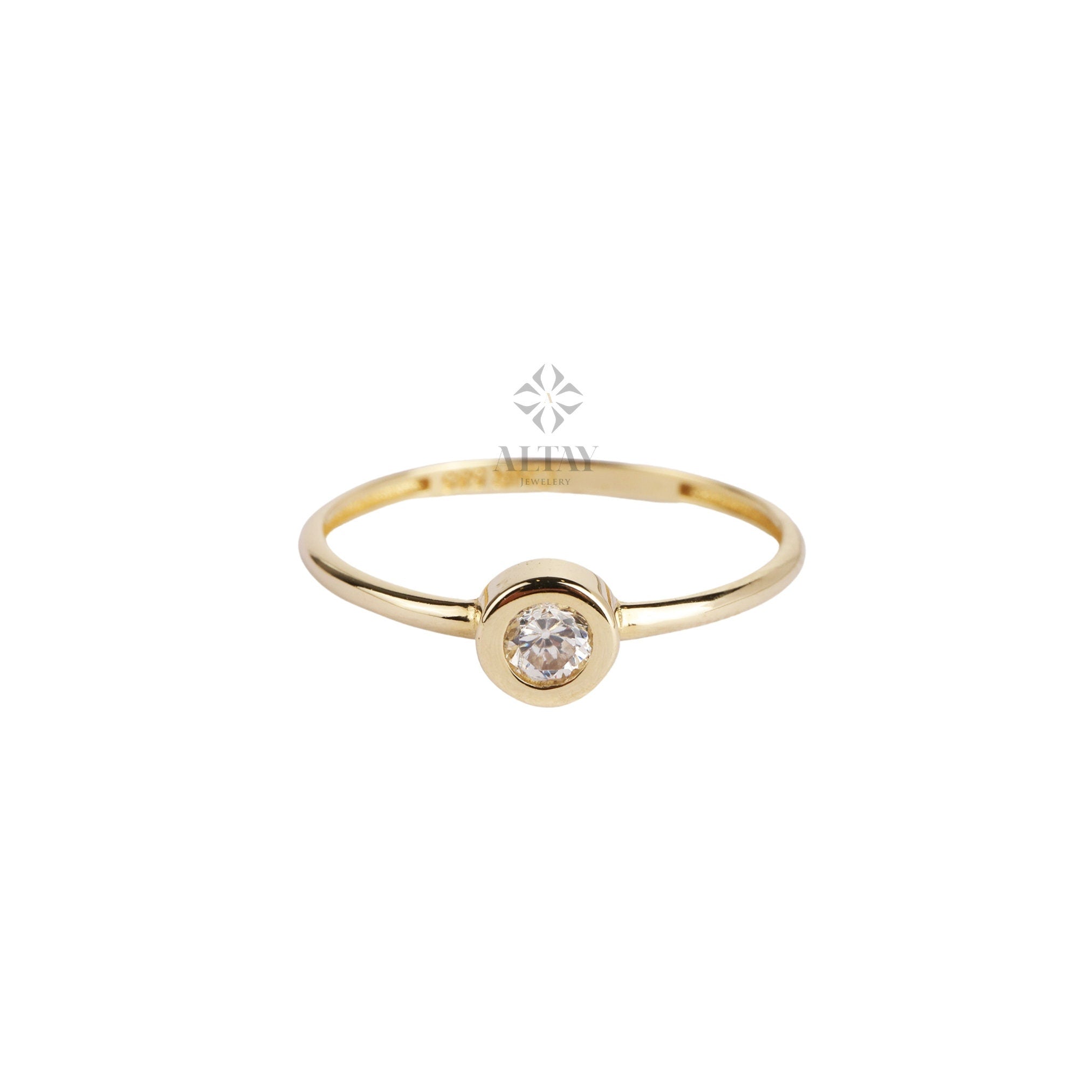 14K Solitaire Ring, CZ Diamond Bezel Ring, Stackable Band Ring, Dainty Promise Ring, CZ Diamond Engagement Band Ring, Round Bezel Set Ring