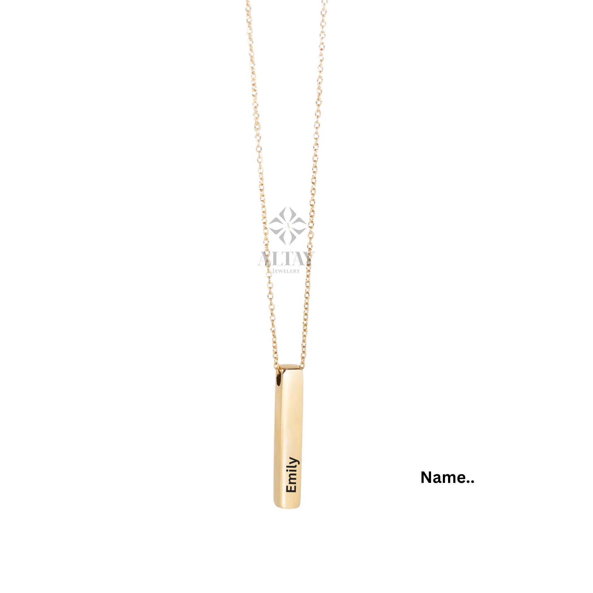 14K Gold Bar Necklace, 4 Side Engraved Necklace, 3D Gold Bar Necklace, Vertical Family Name Necklace, Coordinate Necklace, Personalized Gift