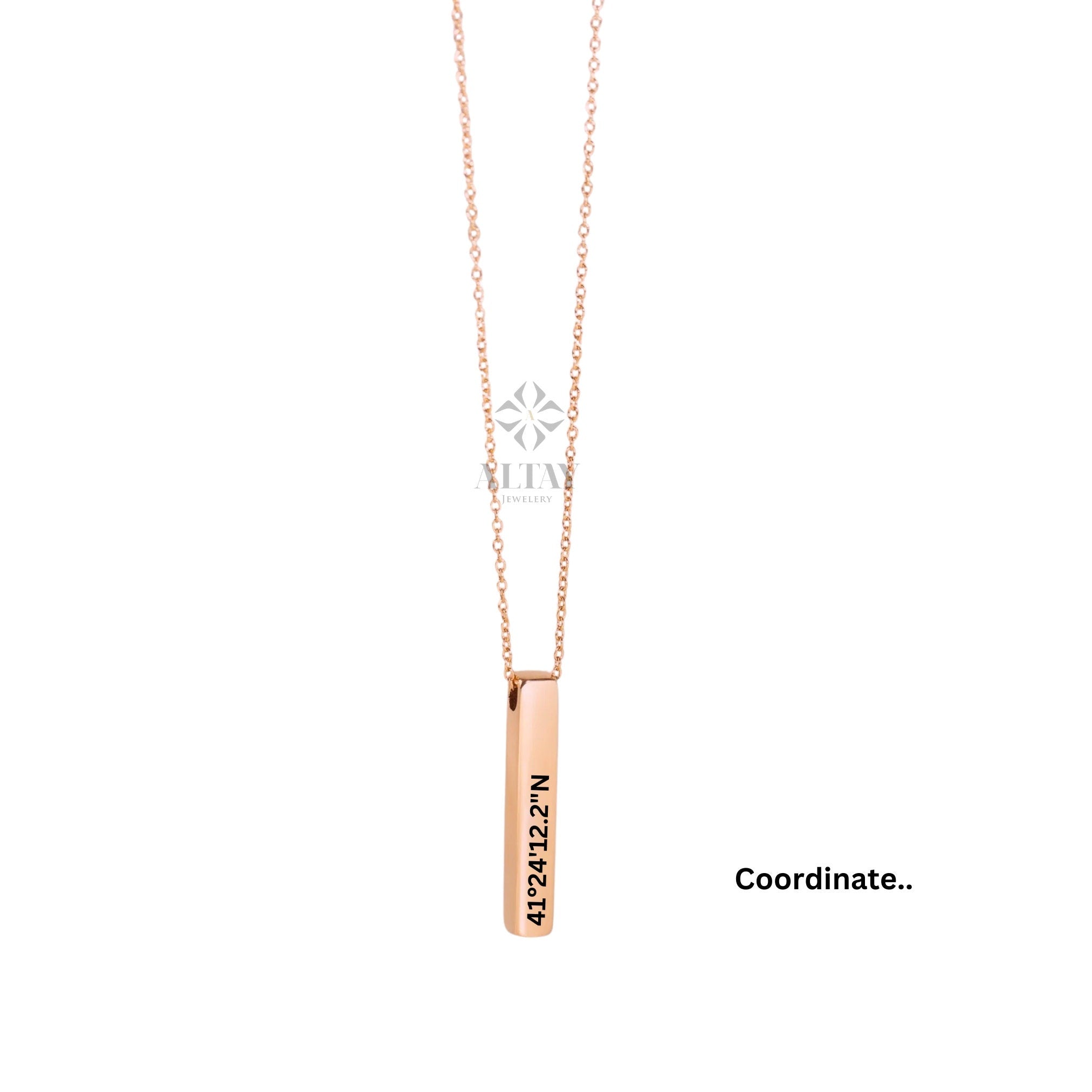 14K Gold Bar Necklace, 4 Side Engraved Necklace, 3D Gold Bar Necklace, Vertical Family Name Necklace, Coordinate Necklace, Personalized Gift