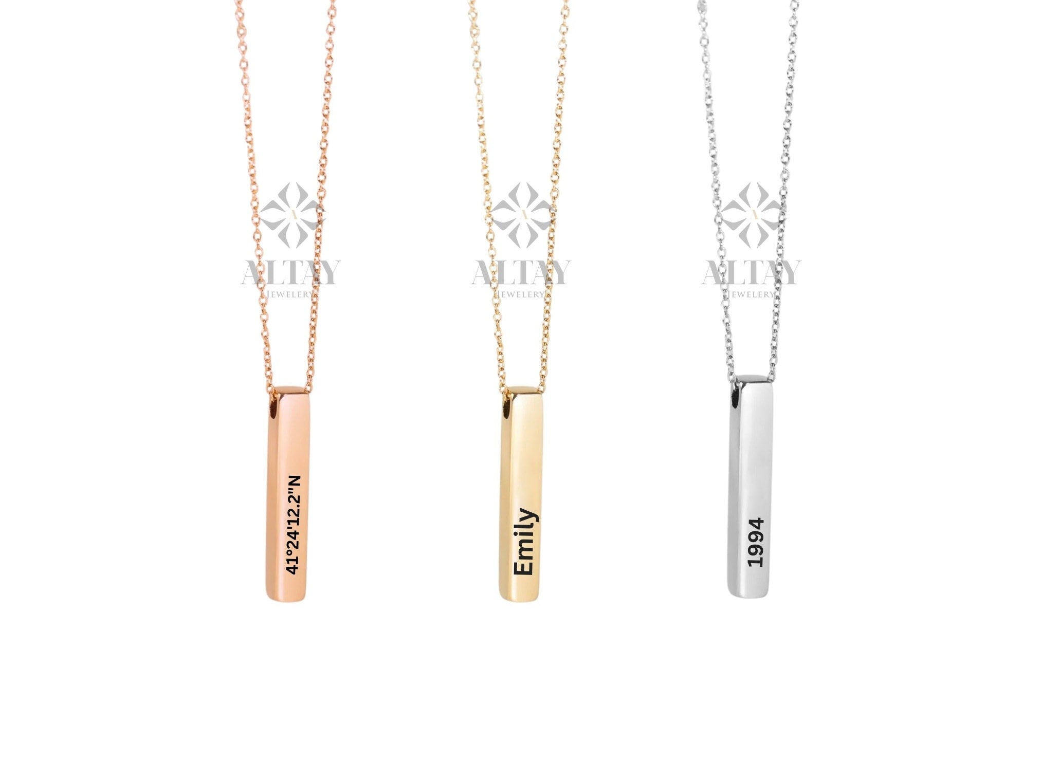 14K Gold Bar Necklace, 4 Side Engraved Necklace, 3D Gold Bar Necklace, Vertical Family Name Necklace, Coordinate Necklace, Personalized Gift