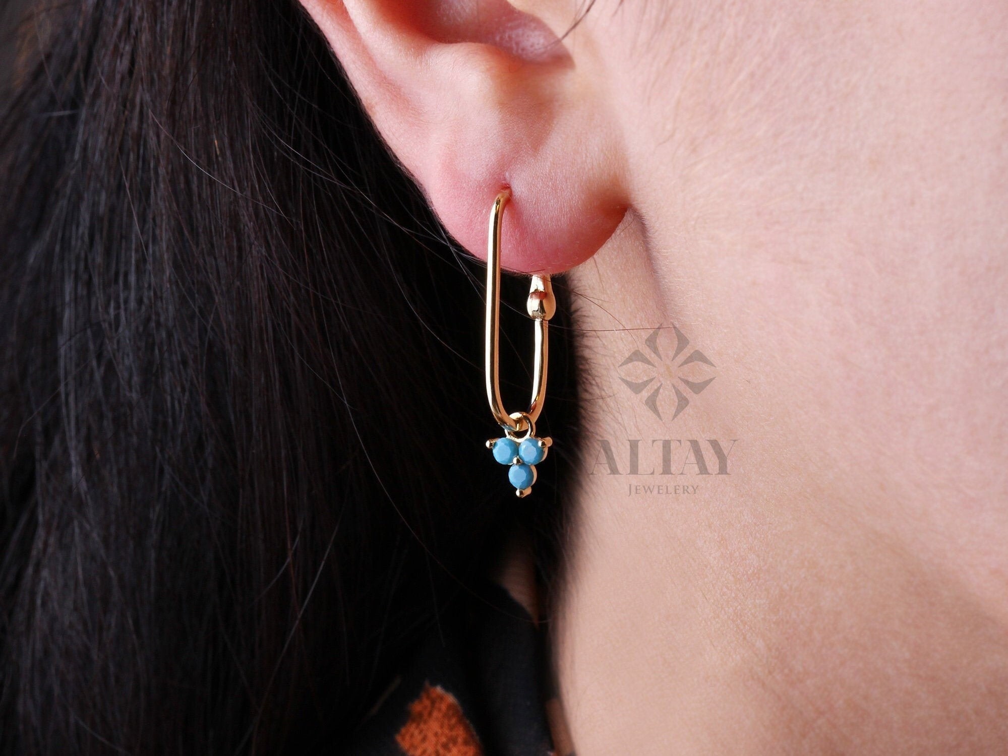 14K Gold Turquoise Rectangle Earrings, Trio Stone Hoop Earrings, Tiny Three Stones Earring, Dainty Delicate Gift For Her