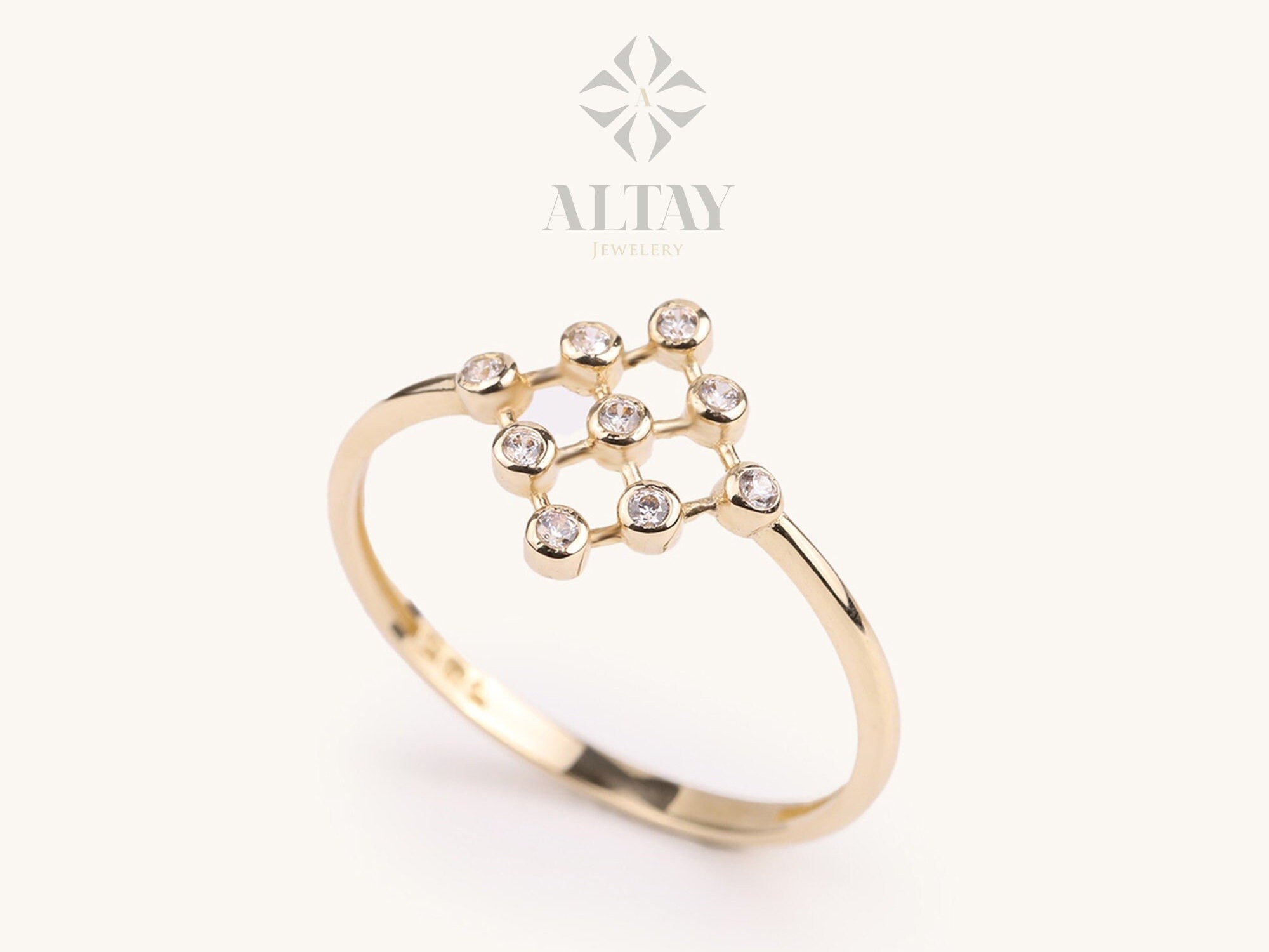 14K Gold Bezel Ring, 9 Set Cluster CZ Diamond Ring, Engagement Ring, Stacking Ring, Dainty Twist Ring, Gold Ring, Anniversary Gift For Her