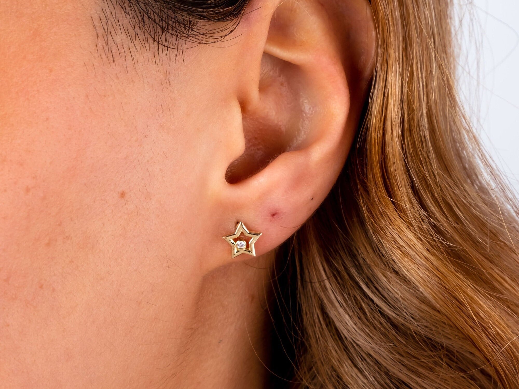 14K Gold Star Stud Earrings, CZ Diamond Celestial Studs, Minimalist Earrings, Star Shaped Earrings, Dainty Gold Earrings For Women