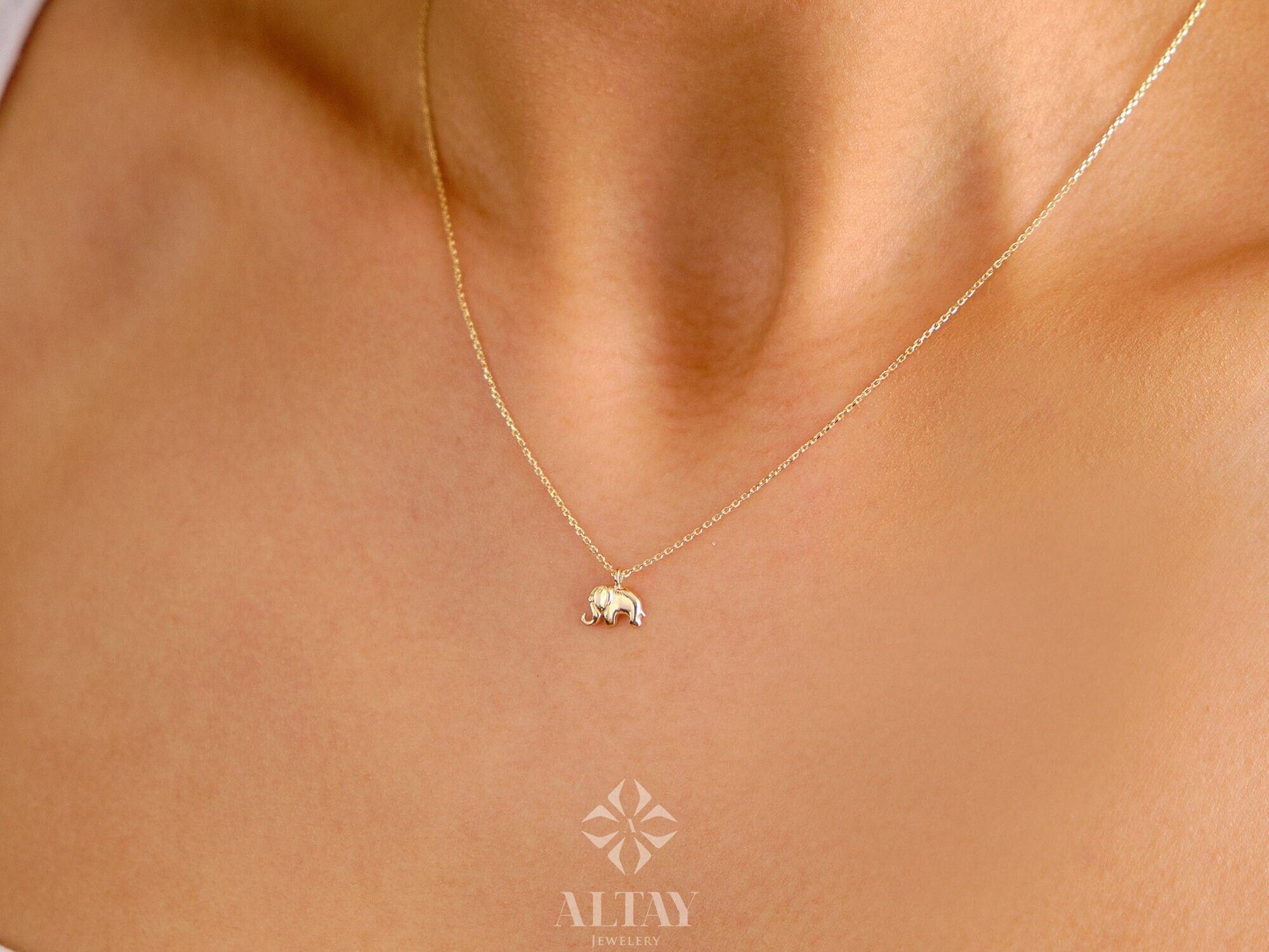 14K Gold Elephant Necklace, Elephant Pendant Necklace, Dainty Elephant Choker, Good Luck Charm, Tiny Elephant, Layering Women Necklace