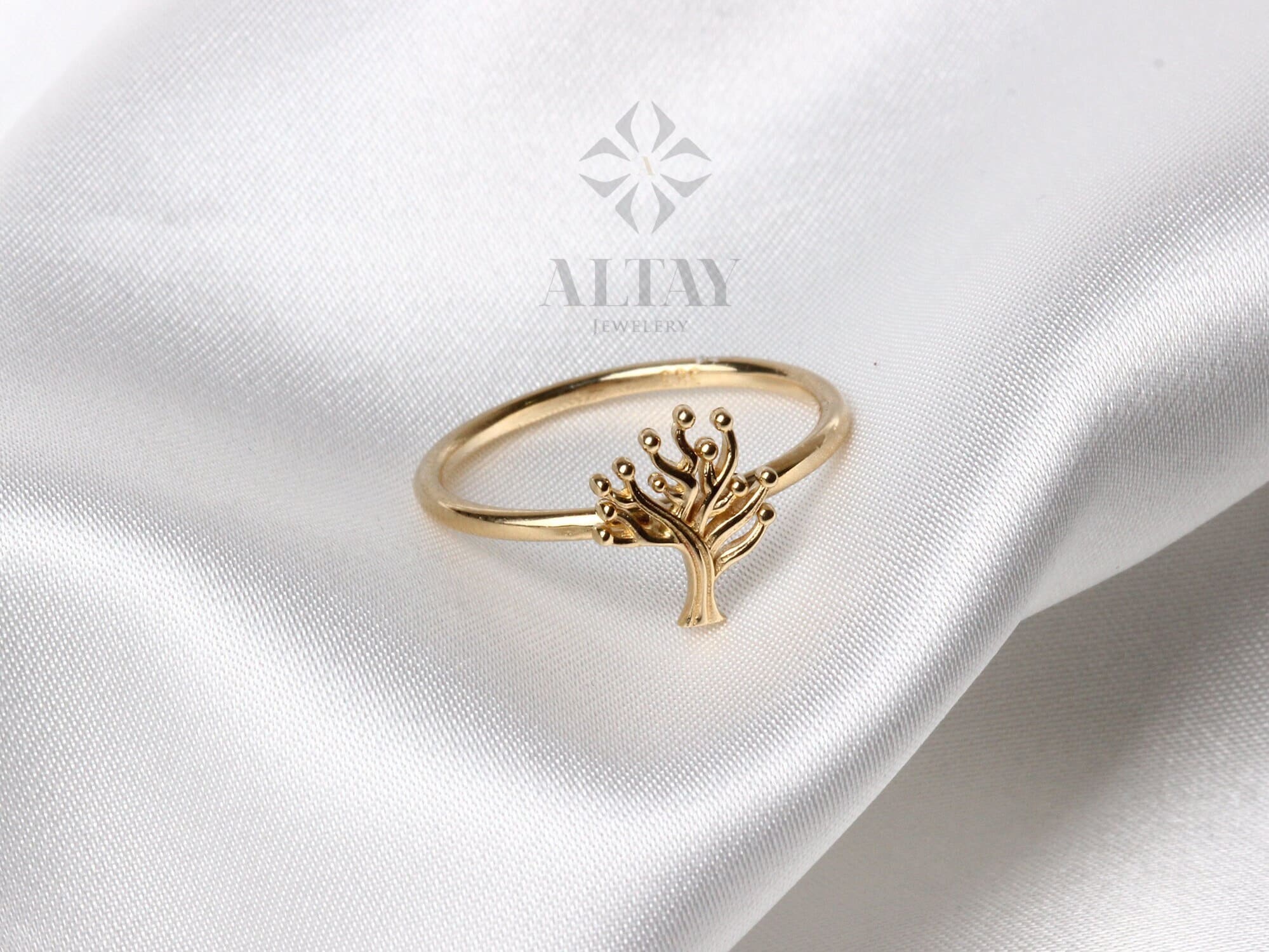 14K Gold Tree Ring, Tree of Life Ring, Family Tree Ring, Tree of Life Ring Band, Engraved Tree Statement Bush Band, Bridesmaid Gift for Her
