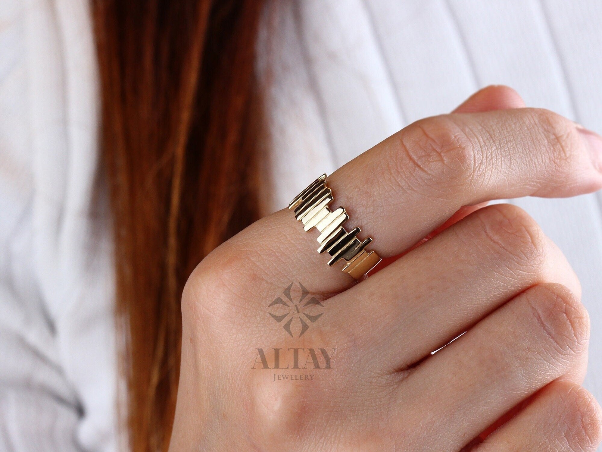 14K Solid Gold ZigZag Thicker Ring, Statement Ring, Sticks Ring, Unique Design, Minimalist, Gift For Her, Real Gold, Christmas Jewelry