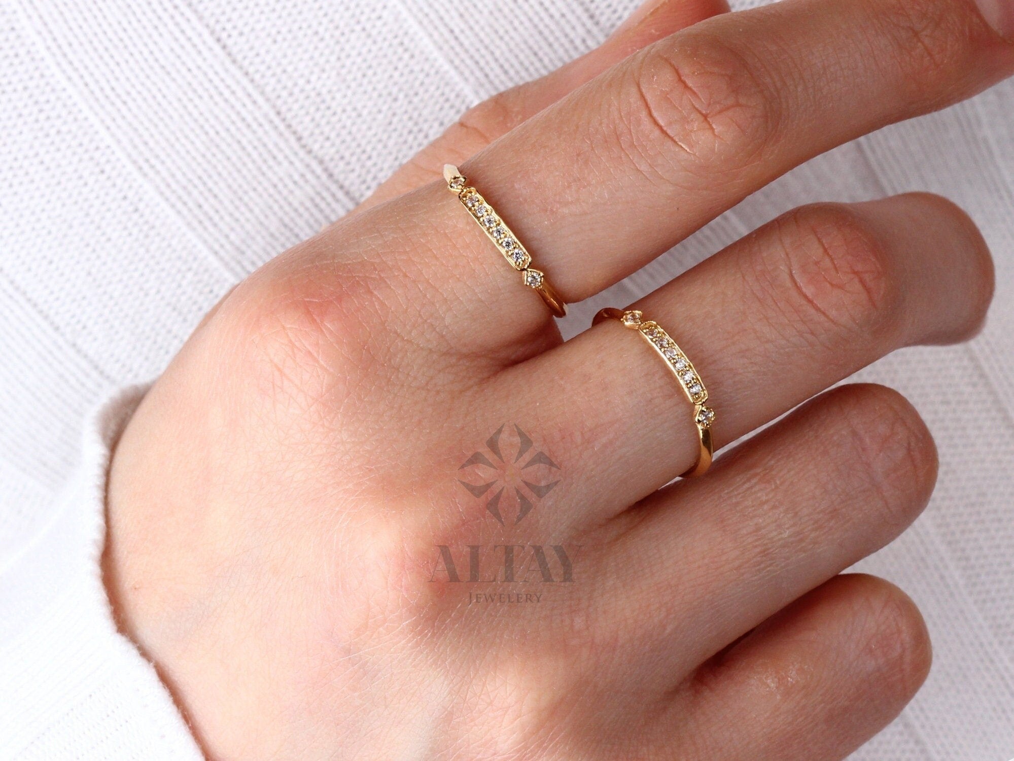 14K Gold Art Deco Wedding Band Ring, Princess Ring, Vintage Style Wedding, Half Eternity Bridal Ring, Cute Stacking Ring, Gold Promise Ring