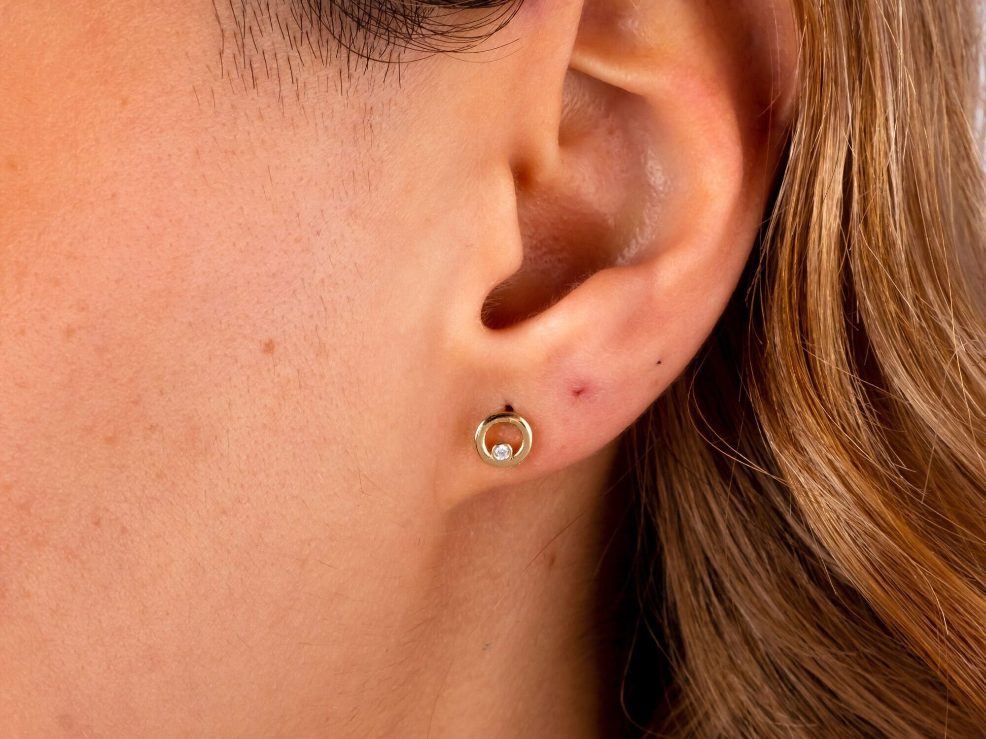 14K Gold CZ Diamond Circle Stud Earrings, Circle Shape Studs, Round Earrings, Open Circle Studs, Geometric Earrings, Solid Gold Earrings