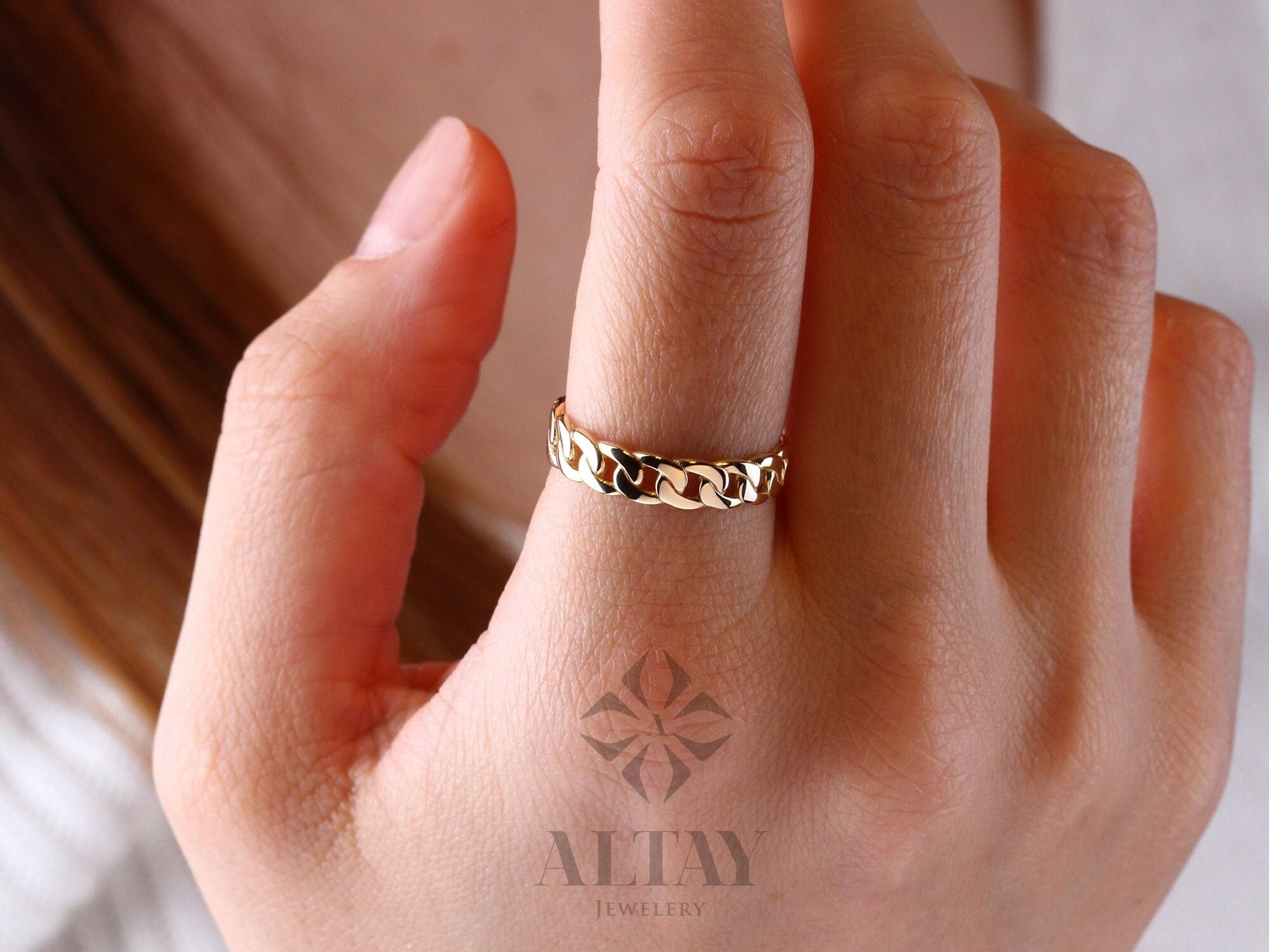 14K Gold Chain Ring, Cuban Link Ring, Thick Chain Curb Ring, Bold Chain Ring, Solid Gold Stacking Ring, Layering Minimalist Chain Link