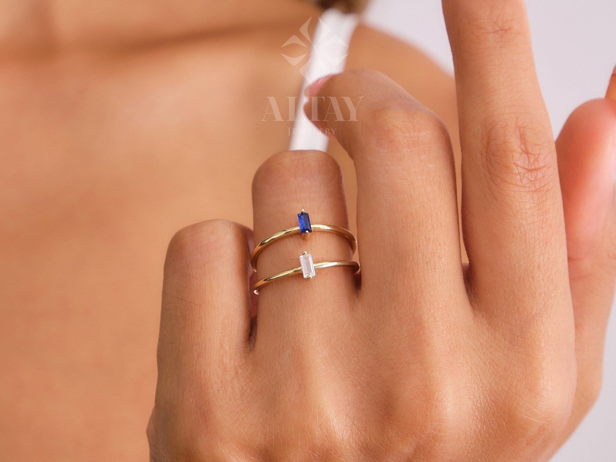 14K Gold Birthstone Baguette Ring, Custom Gemstone Ring, Personalized Solitaire Band, Solo Mothers Baguette Ring, Women Gemstone Ring